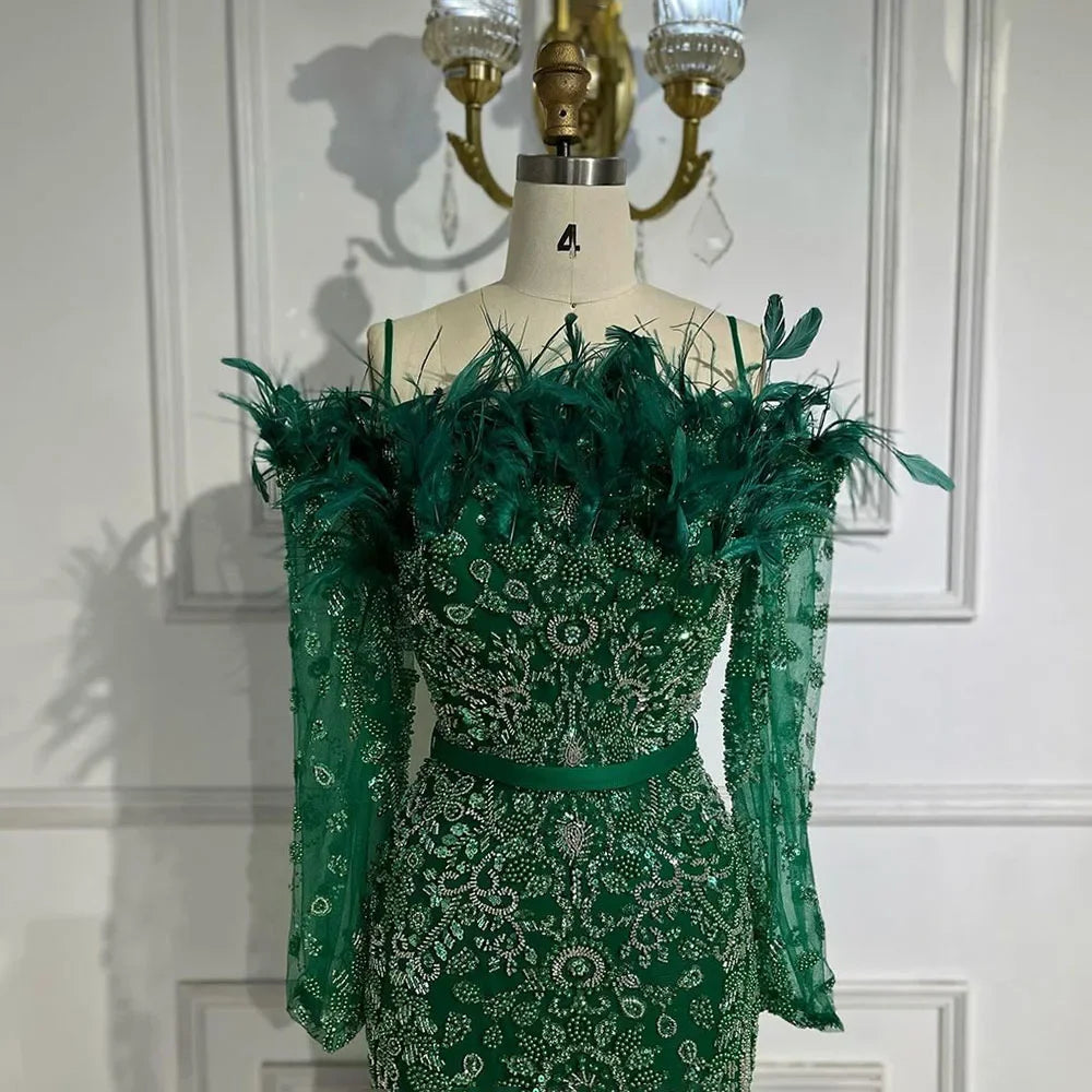 Luxury Dubai Green Boat Neck Mermaid Evening Dress with Elegant Feathers & Beading for Women - Perfect for Weddings, Parties & Special Occasions