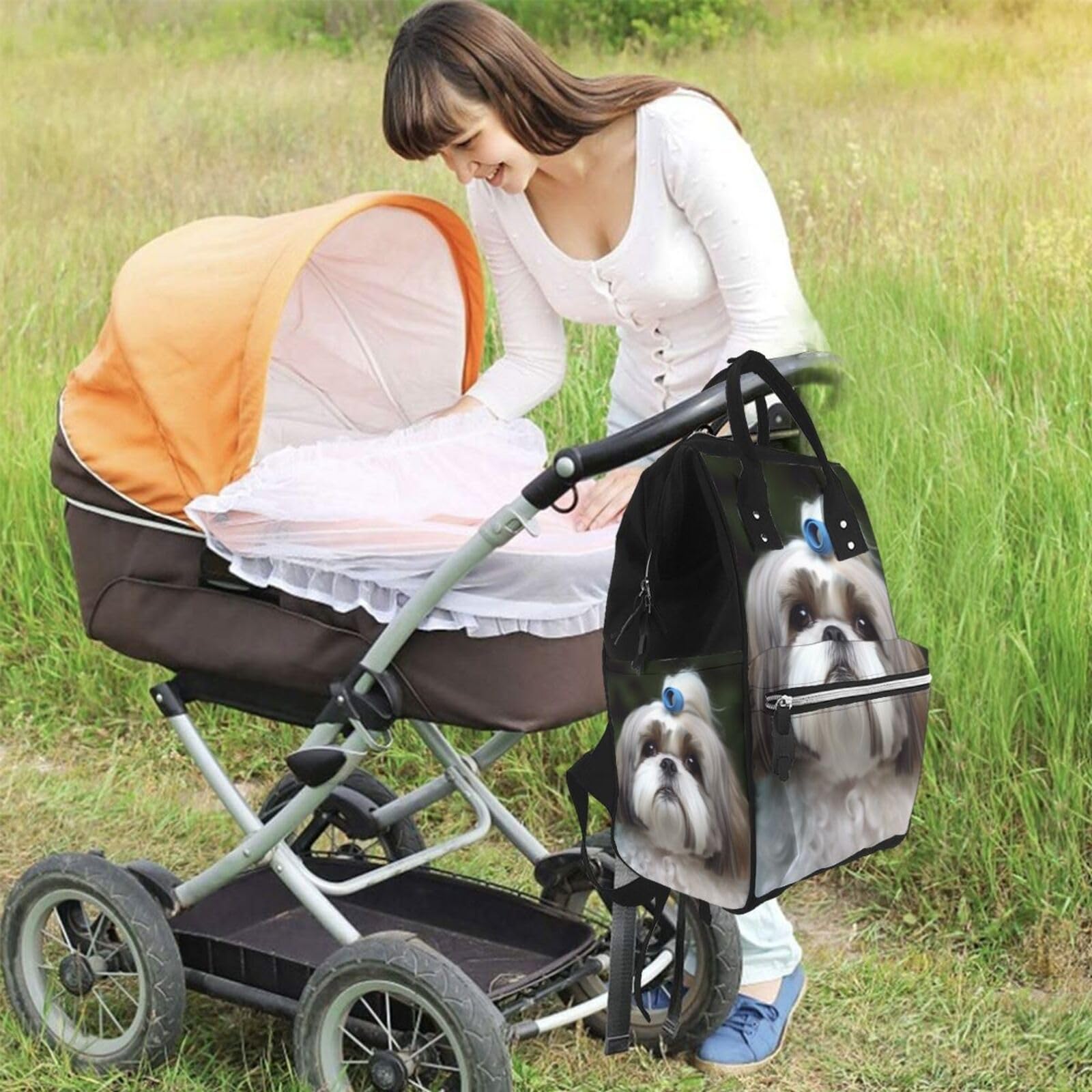 **JTRKN Large Capacity Diaper Backpack for Moms - Shih Tzu Dog Print, Unisex Multi-Function Travel Backpack for Outdoor, Hiking & Daily Use - Black One Size Daypack**