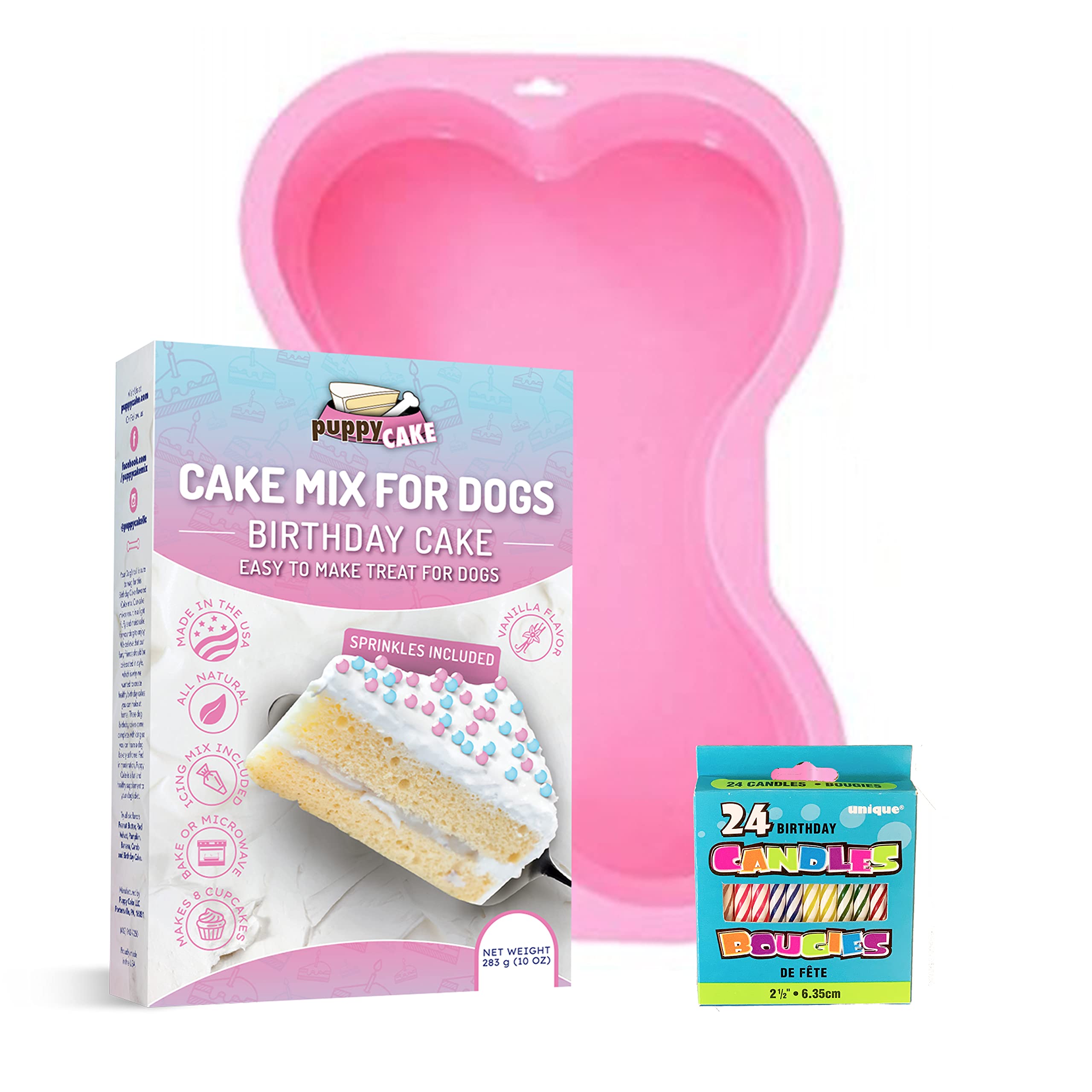 Puppy Cake Mix Dog Birthday Cake Kit with Bone Silicone Pan & Candles - Pink Birthday Cake for Dogs - Made in USA - Perfect for Dog Birthday Parties & Special Occasions