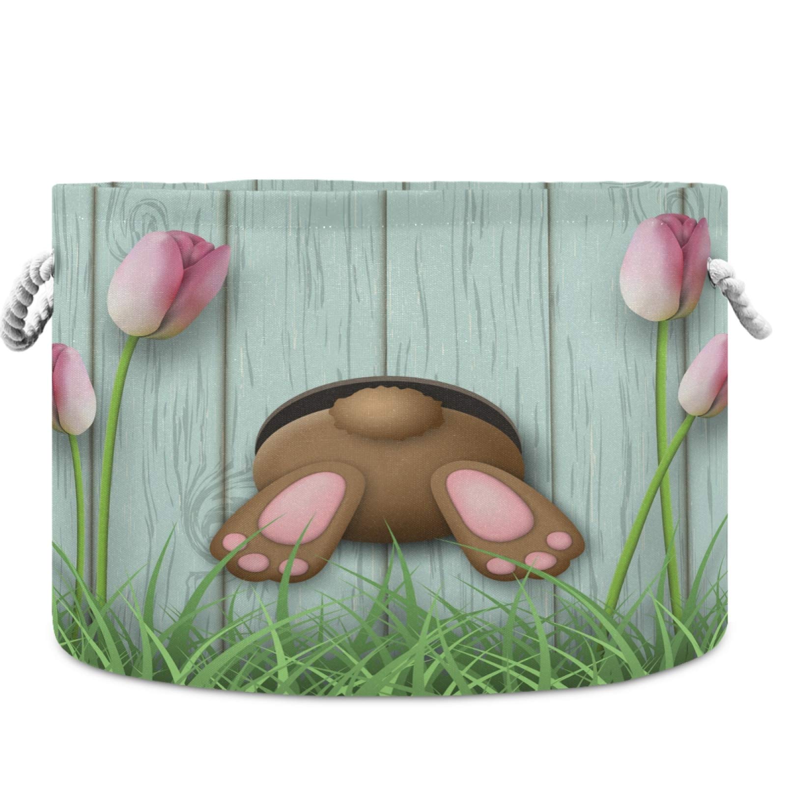 Visesunny Collapsible Large Capacity Storage Basket - Easter Brown Bunny Pink Tulip Design for Clothes, Toys & Laundry | Durable Cotton Handles | Space-Saving Home Organizer for Bathroom, Bedroom, Nursery & Closet | Perfect for Holiday Decor, Kids Room & Laundry Day Organization