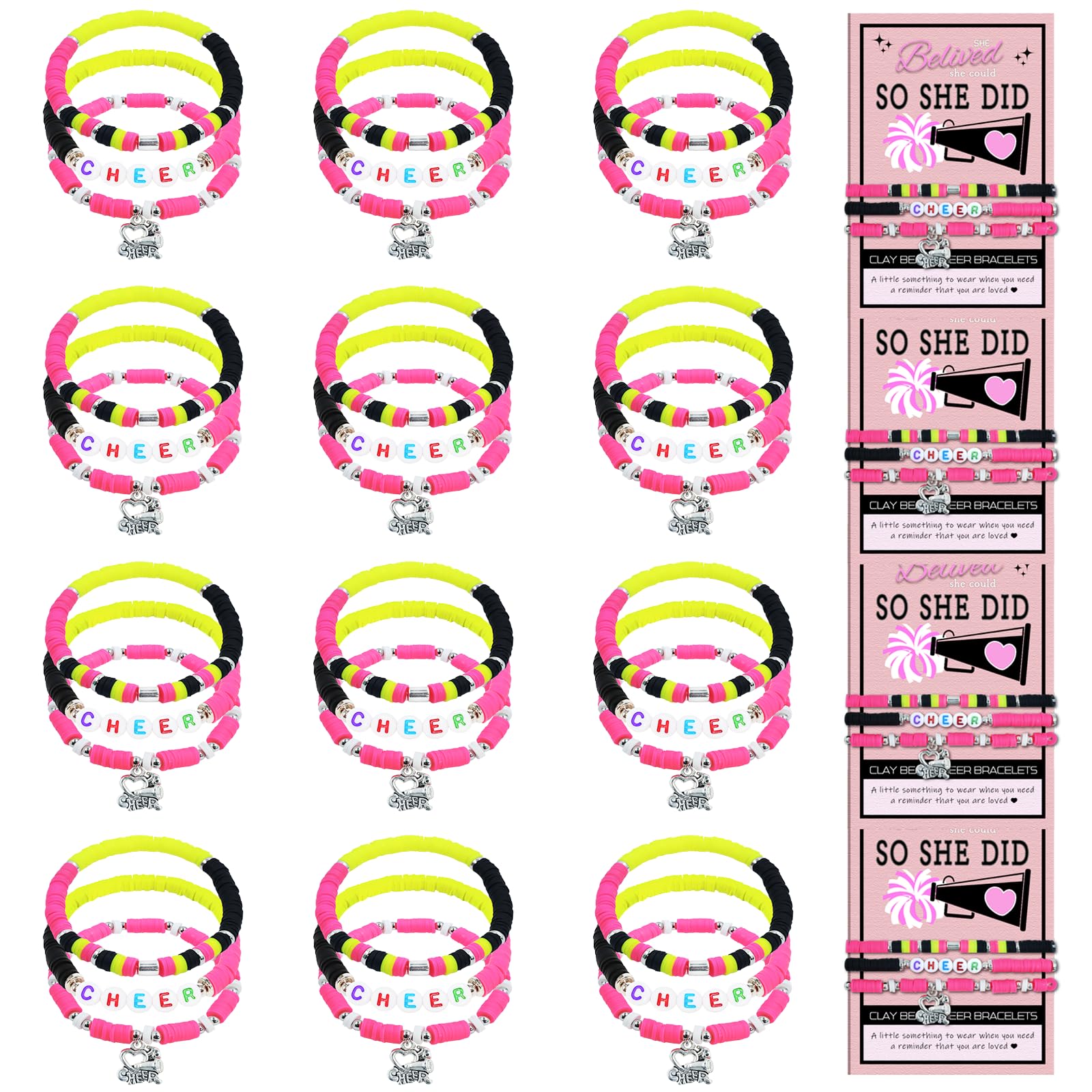 48 Pcs Cheerleader Gifts for Women - Stackable Friendship Bracelets, Heishi Surfer Bracelets - Perfect for Cheer Team Gifts, Team Spirit, Sports Events & Everyday Wear