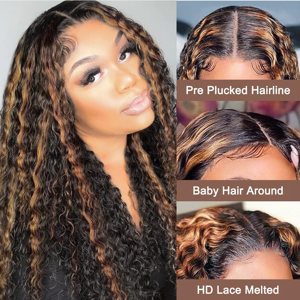 1B/27 Deep Wave Lace Front Wigs Human Hair 200 Density 13x6 HD Lace Frontal Wigs - Ombre Highlight Glueless Human Hair Wigs for Black Women (28 Inch, Black with Blonde Curly) - Perfect for Daily Wear, Parties, Weddings & Special Occasions