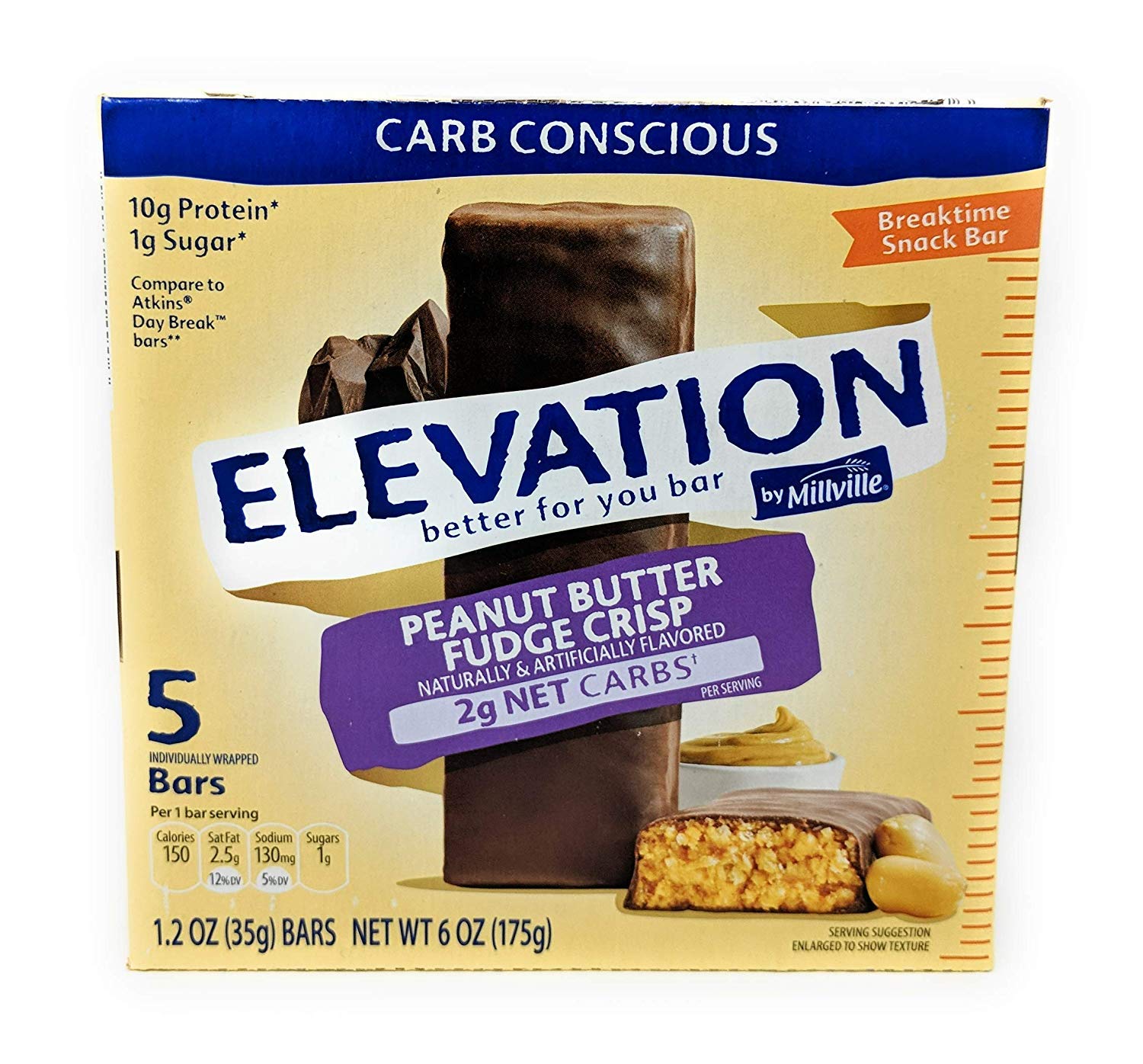 Millville Elevation Protein Bars - Peanut Butter Fudge Crisp Flavor, High Protein Snack (5g Protein per Bar, 1.4oz) - 2 Pack of 10 Bars - Perfect for Gym Workouts, Hiking & On-the-Go Energy Boost