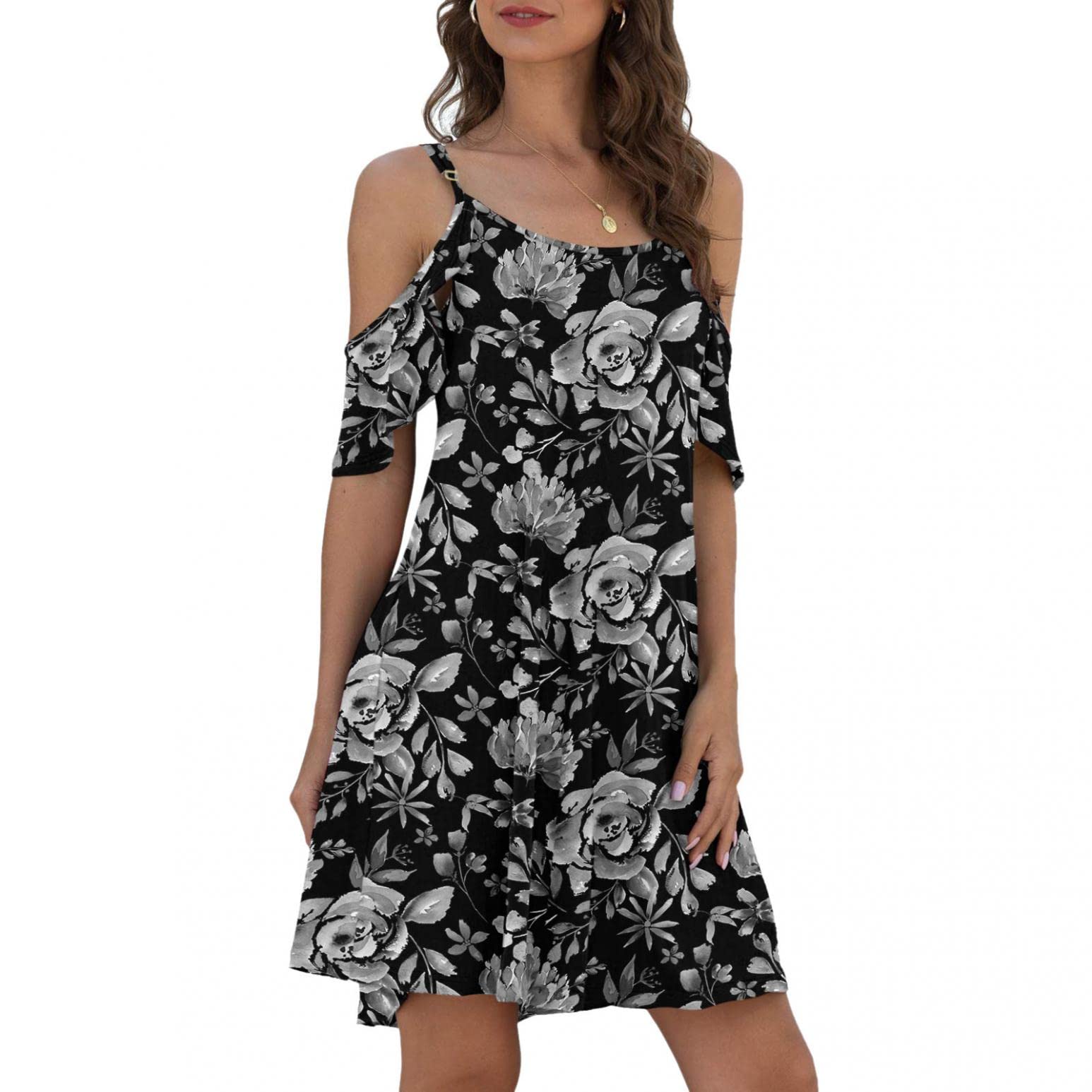 Women's Floral Spaghetti Strap Sundress - Casual Summer Dress with Cold Shoulder & Ruffle Sleeves, Pockets - Perfect for Beach, Vacation, and Outdoor Parties