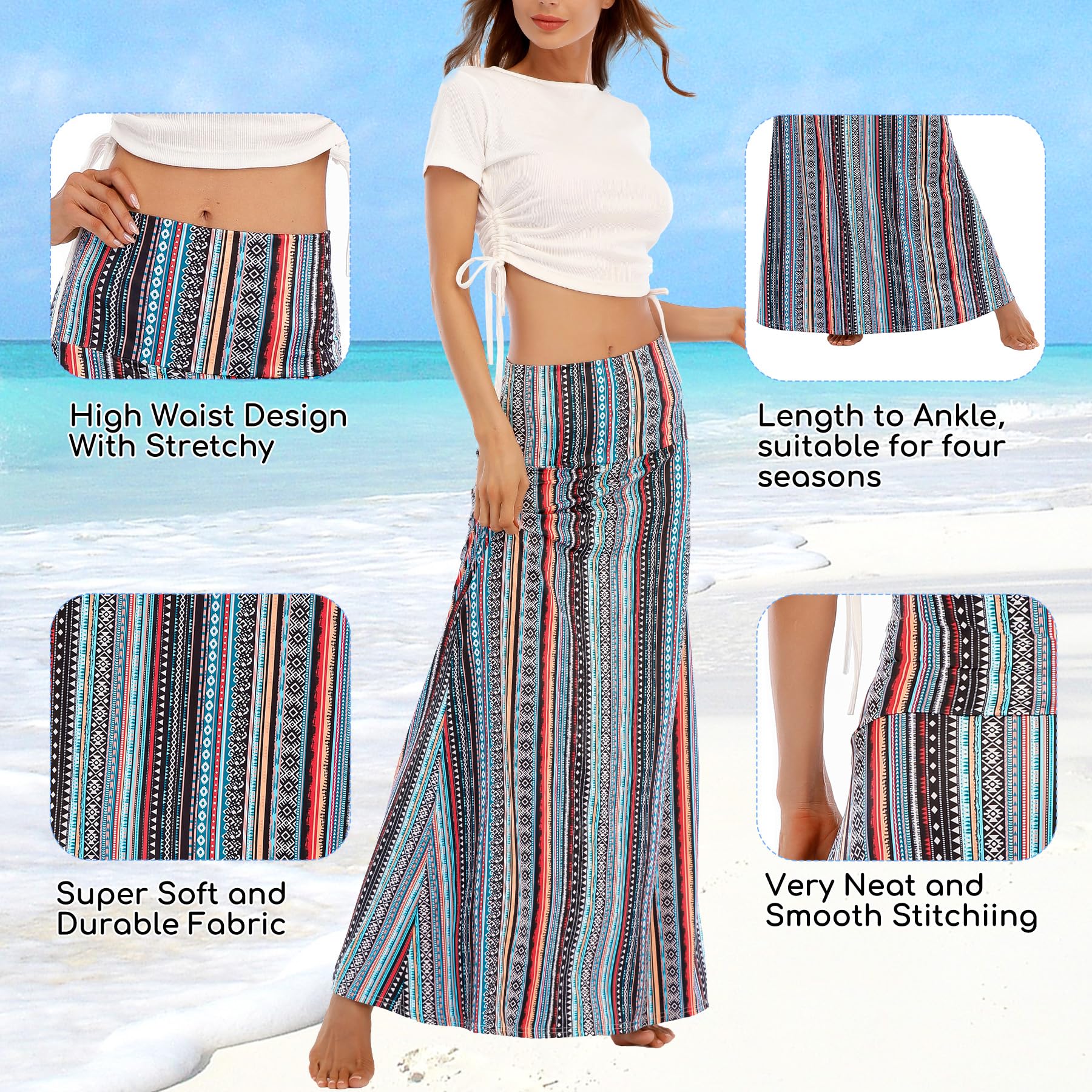 Zando Women's High Waisted Maxi Skirt - Trendy Flared Stretchy Long Skirt with Floral Print for Casual Wear, Workout & Office | Perfect for Summer, Beach & Special Occasions