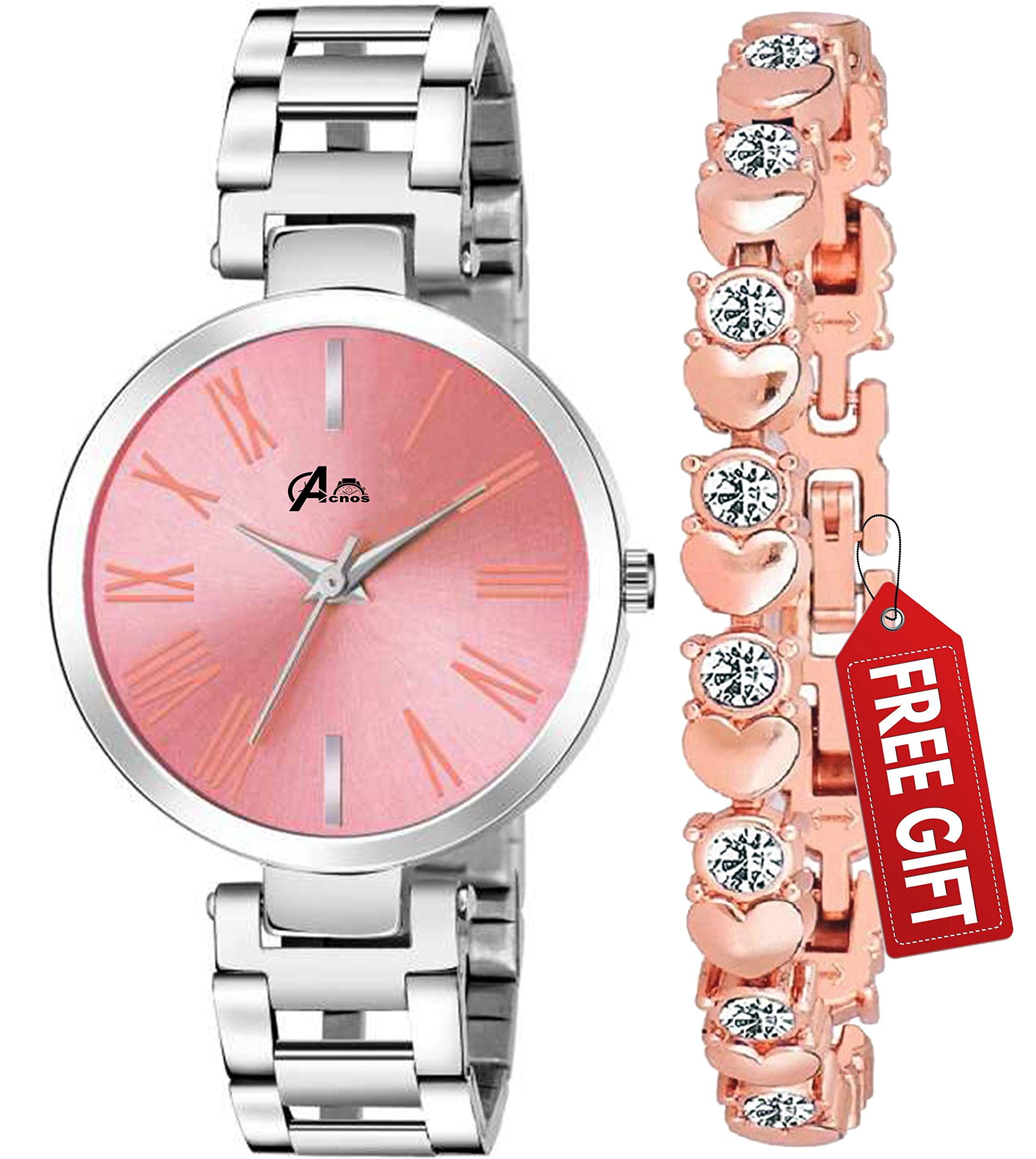 Acnos® Premium Stainless Steel & Titanium Analog Watch with Rose Gold Heart-Shaped Diamond Bracelet - 4 Dial Designs, Pack of 2 - Perfect for Valentine's Day, Anniversary & Special Occasion Gifts