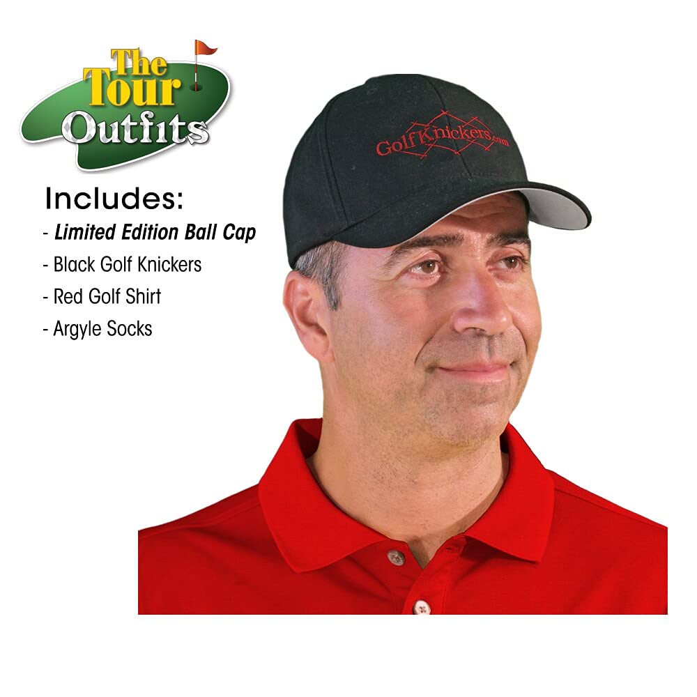 **Men's Black Microfiber Golf Outfit Set - Limited Edition Ball Cap, Over-The-Calf Argyle Socks & Red Polo Shirt - Perfect for Golfing, Casual Wear & Sports Events**