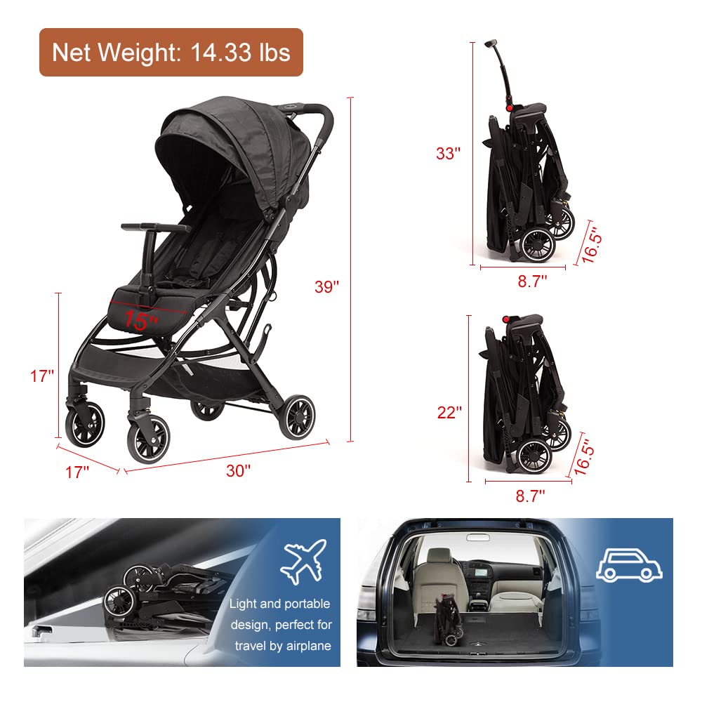 COOL KIDS Lightweight Automatic Fold Travel Stroller with Pop-Out Sun Canopy - Compact Umbrella Stroller for Toddlers, Perfect for Airplane, Shopping & Daily Outings (Black)