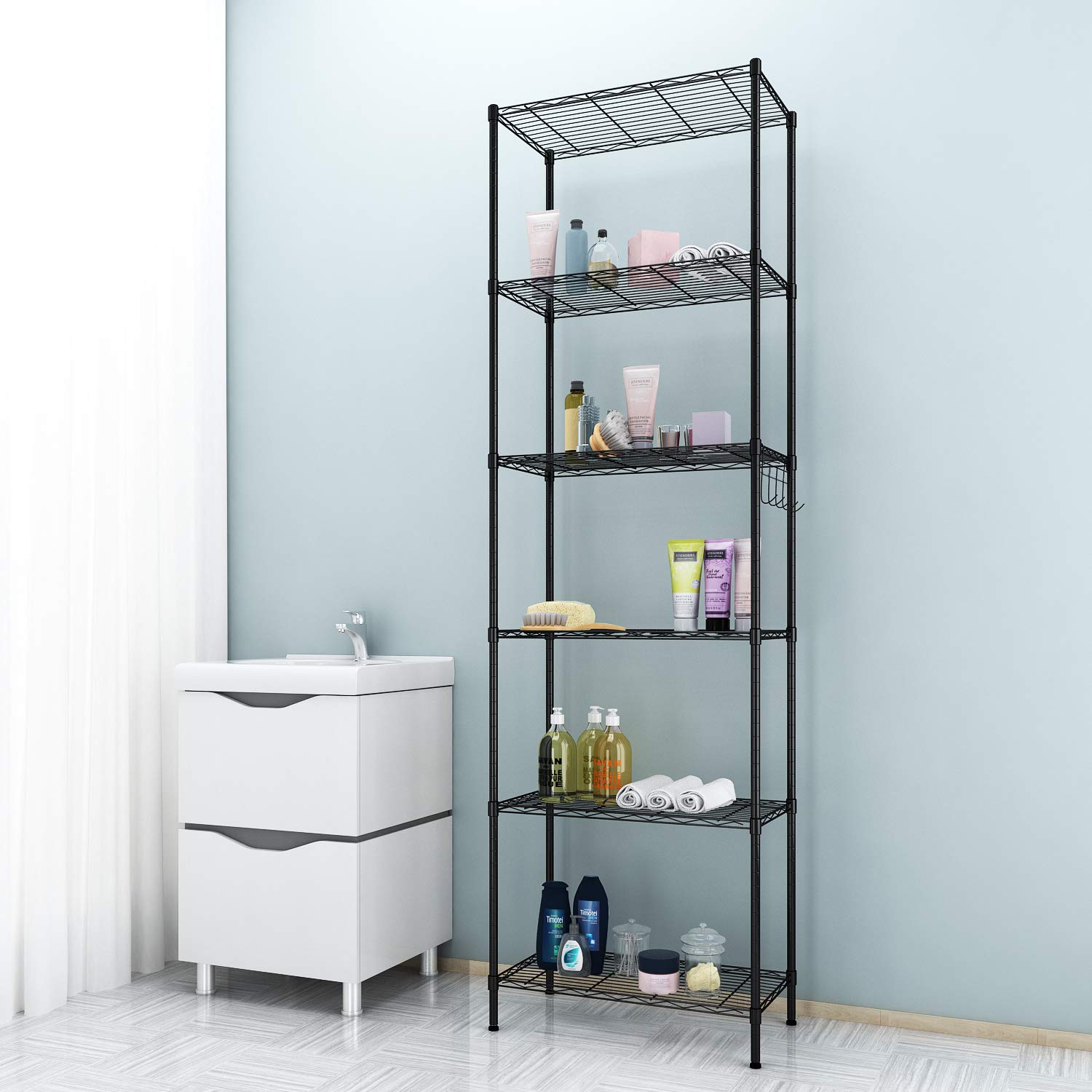 Anfan 6-Tier Heavy Duty Metal Wire Shelving Unit - Adjustable Leveling Feet & Side Hooks - Black Storage Shelves for Kitchen, Garage, Office Organization - Perfect for Pantry Storage, Workshop Tools & Home Organization
