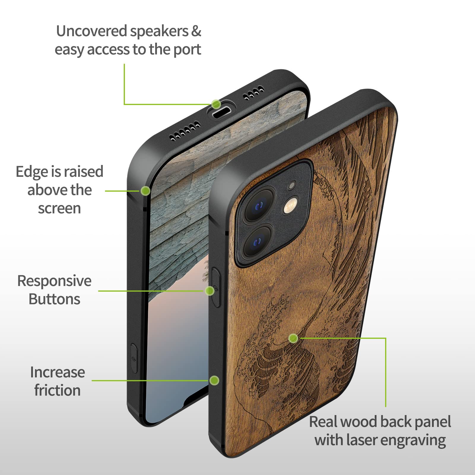 Carveit Magnetic Wood Case for iPhone 12 - Real Walnut Wood & Soft TPU Shockproof Cover - MagSafe Compatible Protective Case - The Great Wave Off Kanagawa Design - Perfect for Outdoor Adventures, Business Meetings & Everyday Protection