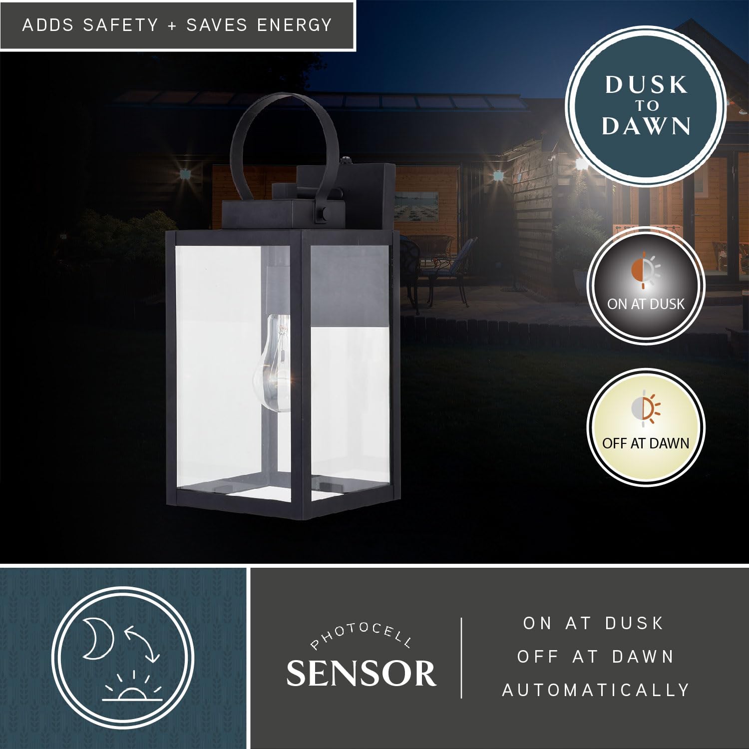 VAXCEL Medinah 7-Inch Black Outdoor Wall Lantern with Clear Glass - Dusk to Dawn Sensor - Perfect for Porch, Patio, Garden & Entryway Lighting