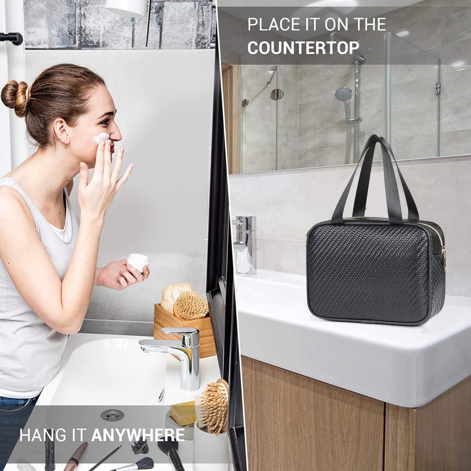 Bekeify Waterproof PU Leather Makeup Bag - Travel Toiletry Organizer for Women & Girls - Portable Cosmetic Storage Pouch for Vacation, Gym, and Daily Use (Black)