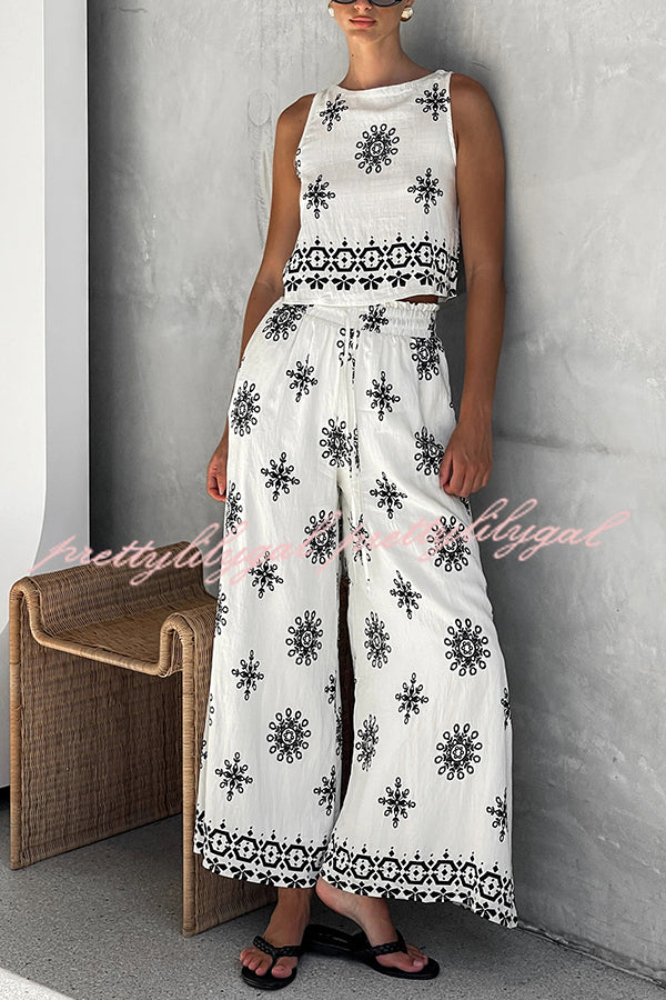 Stylish Printed Round Neck Sleeveless Blouse & Elastic Waist Pocket Wide Leg Pants Set - Women's Casual Outfit for Summer, Beach, Vacation & Daily Wear
