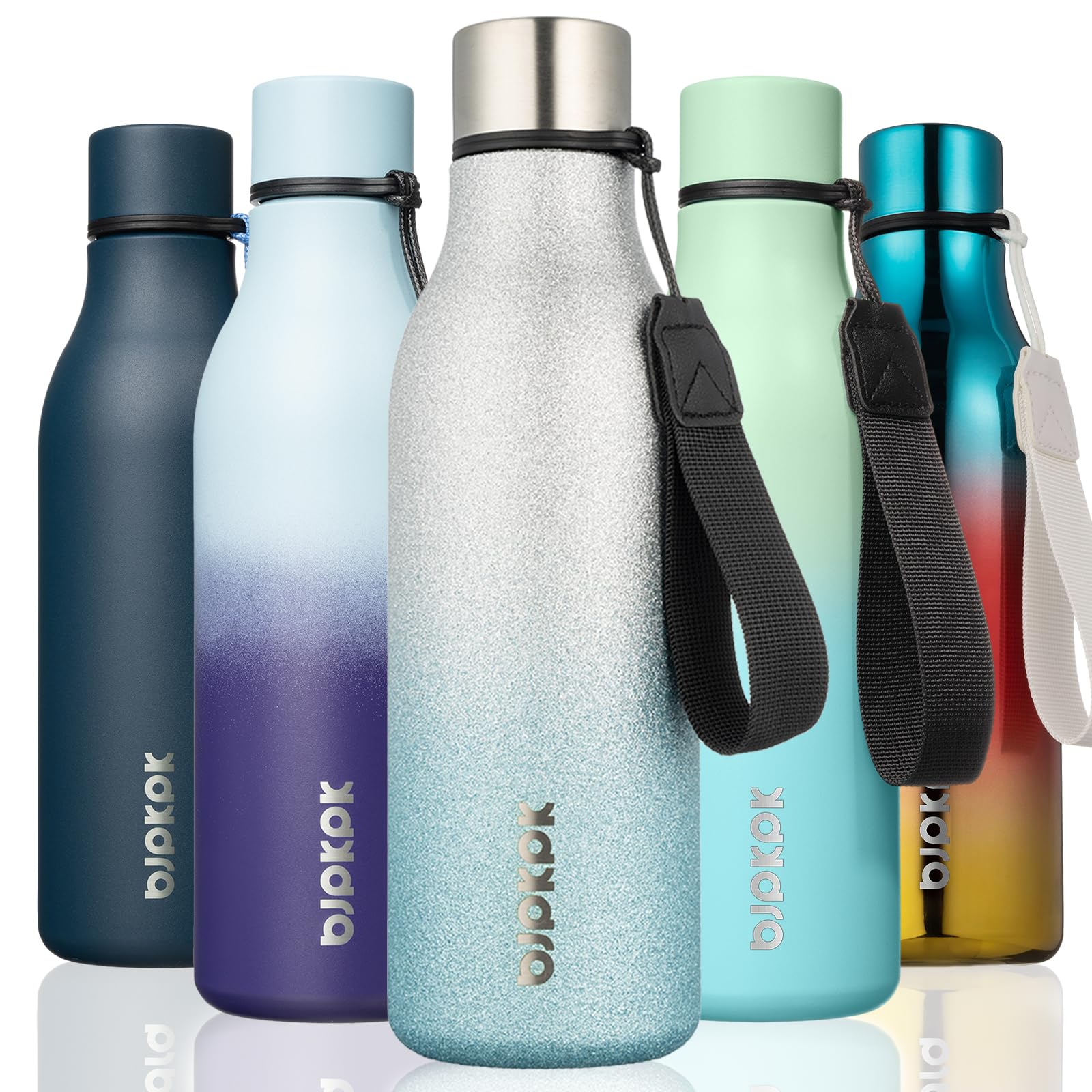 BJPKPK 18 oz Insulated Stainless Steel Water Bottle with Strap - BPA Free, Leak Proof Thermos for Sports, Gym, Hiking & Travel - Reusable Metal Water Bottle in Sparkling Silver Blue - Perfect for Outdoor Activities, Workouts & Daily Hydration