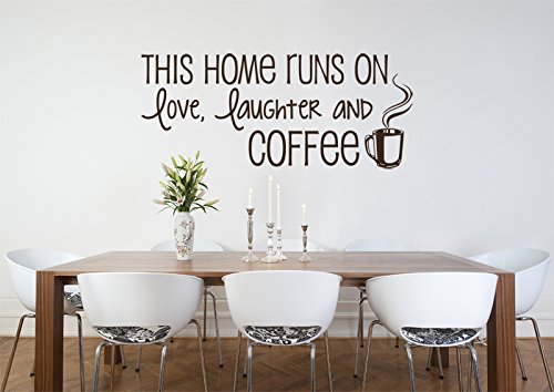 Removable Brown Vinyl Wall Decal Sticker - 'This Home Runs on Love, Laughter, and Coffee' Quote Art, 21in x 9in, Perfect for Living Room, Kitchen, or Office Decor