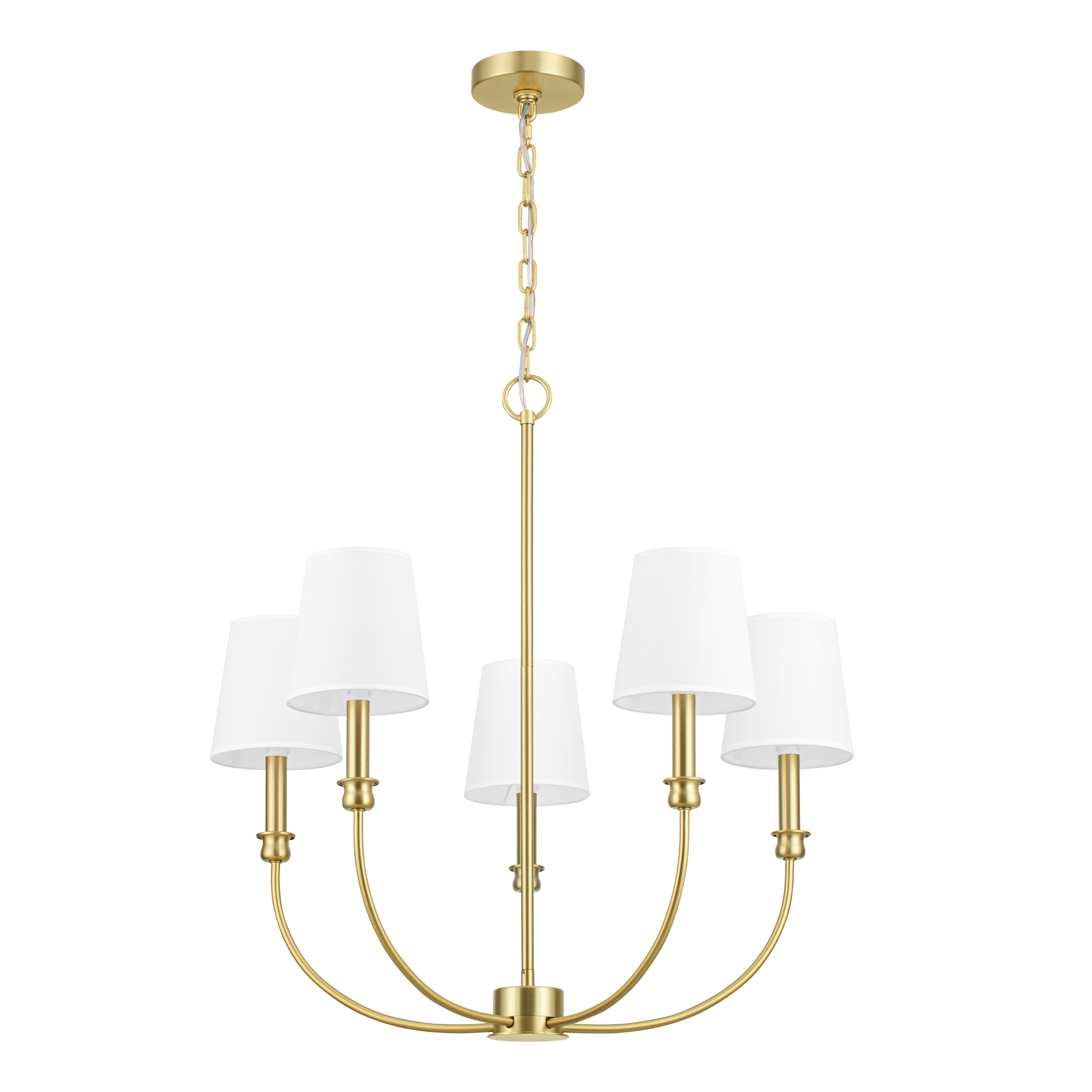 5-Light Brushed Gold Billet Chandelier with Fabric Shades - Modern Ceiling Light Fixture for Dining Room, Living Room, Bedroom & Foyer Decor