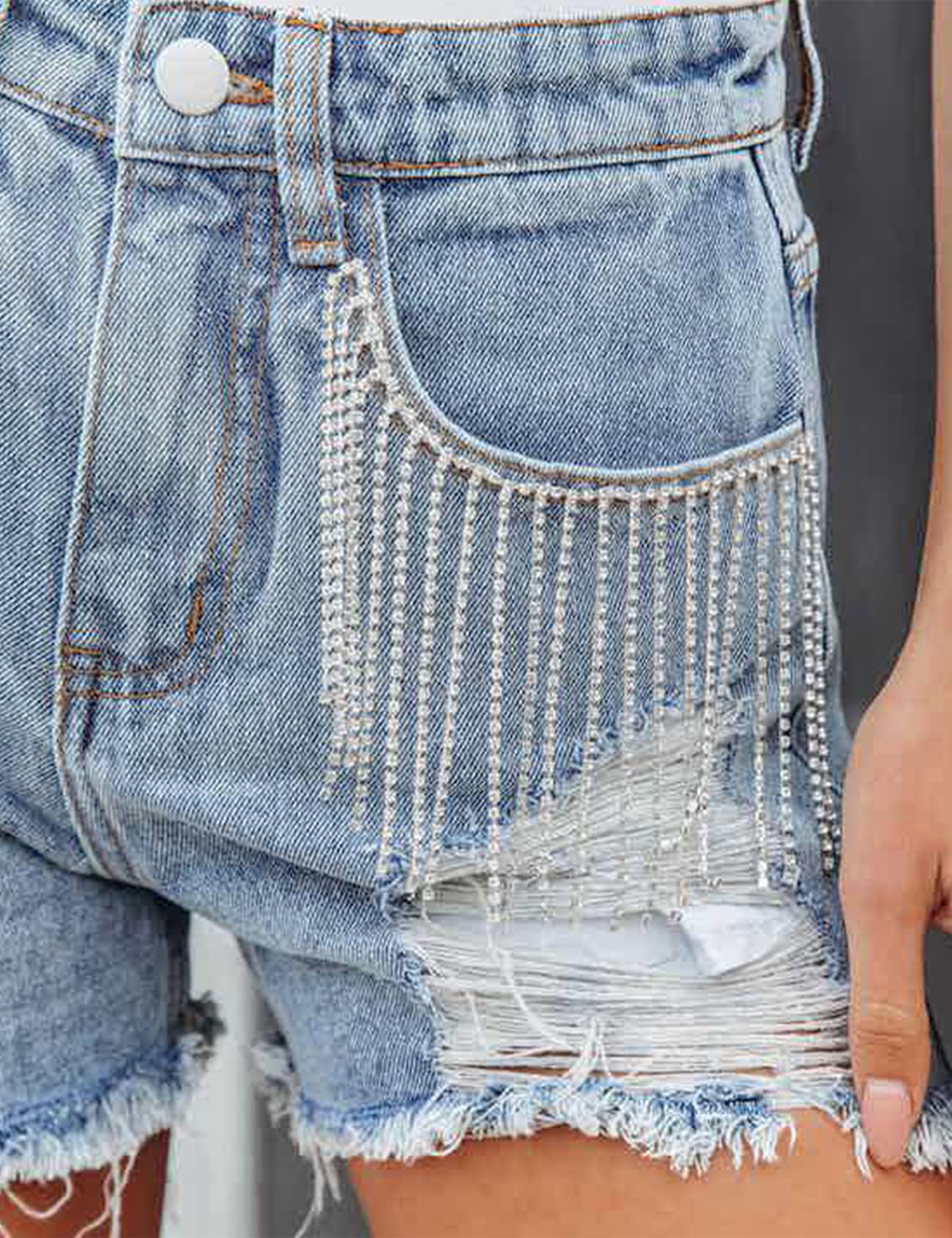 Stylish Women's Rhinestone Denim Shorts - Mid Rise Ripped Hem Fringe Jeans with Tassels | Casual Distressed Hot Shorts for Summer Outfits, Beach Vacations & Night Out