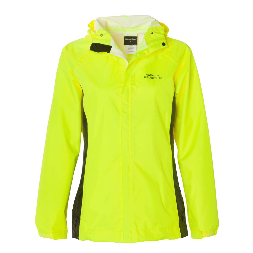 Grundens Women's Waterproof Fishing Jacket with Hood - Hi-Vis Yellow, Stain-Resistant Raincoat for Outdoor Activities | Perfect for Fishing, Hiking & Stormy Weather (Size Large)
