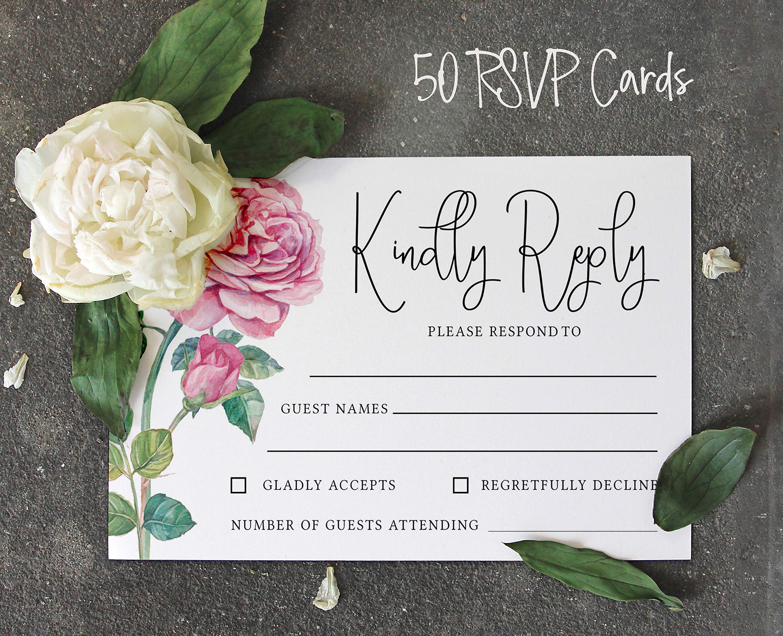 50 Floral RSVP Cards with White Envelopes - Elegant Wedding Response Cards for Invitations - Perfect for Weddings, Rehearsal Dinners, Baby Showers & Bridal Showers - Great for Engagement Parties & Special Events