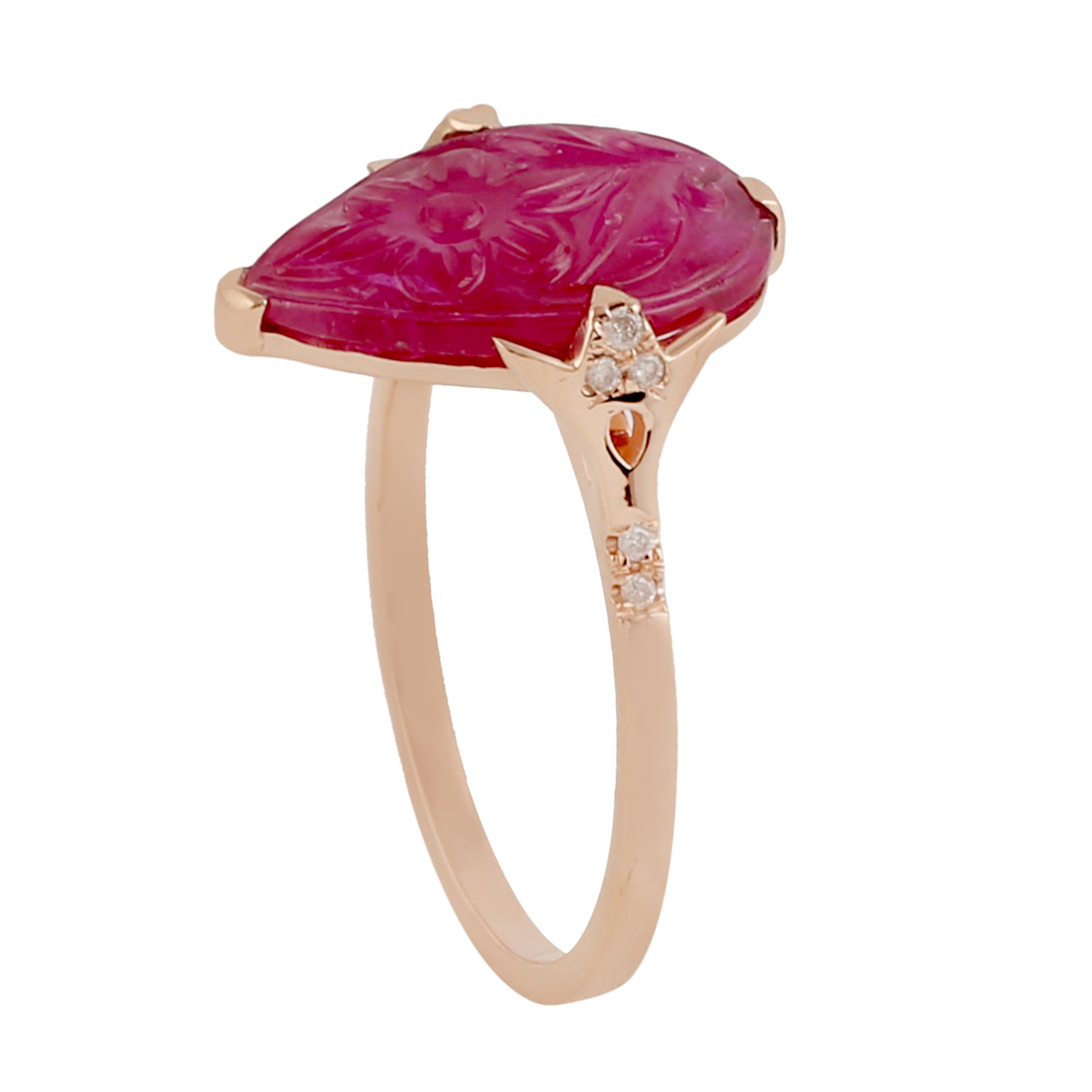 18K Yellow Gold Floral Ruby and Pave Diamond Designer Ring for Women - Elegant Handmade Jewelry for Weddings, Anniversaries, and Special Occasions