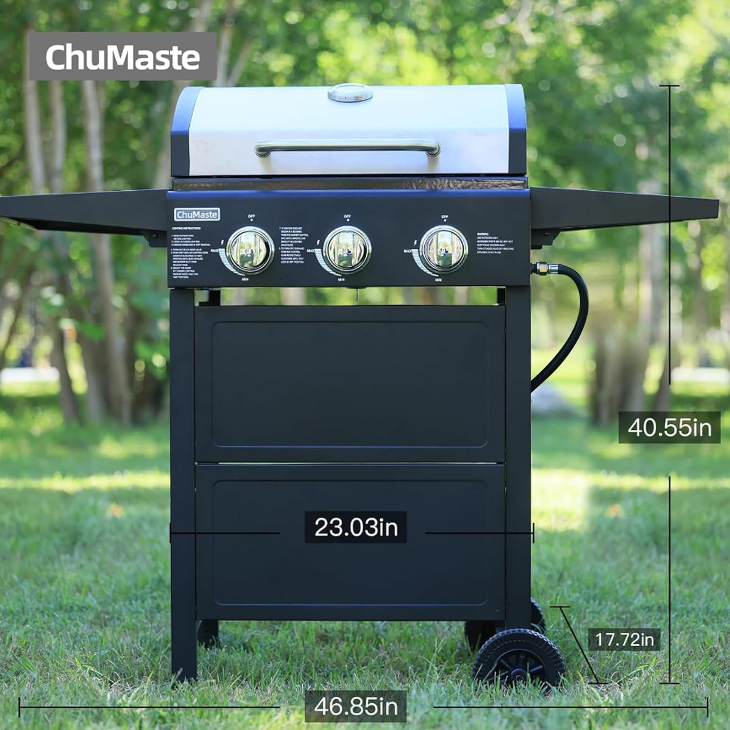 3 Burner Outdoor Propane Gas Grill - 30,000 BTU BBQ Grill with Built-In Thermometer & Foldable Side Tables - Perfect for Patio, Garden, Backyard, Camping and Tailgating Parties