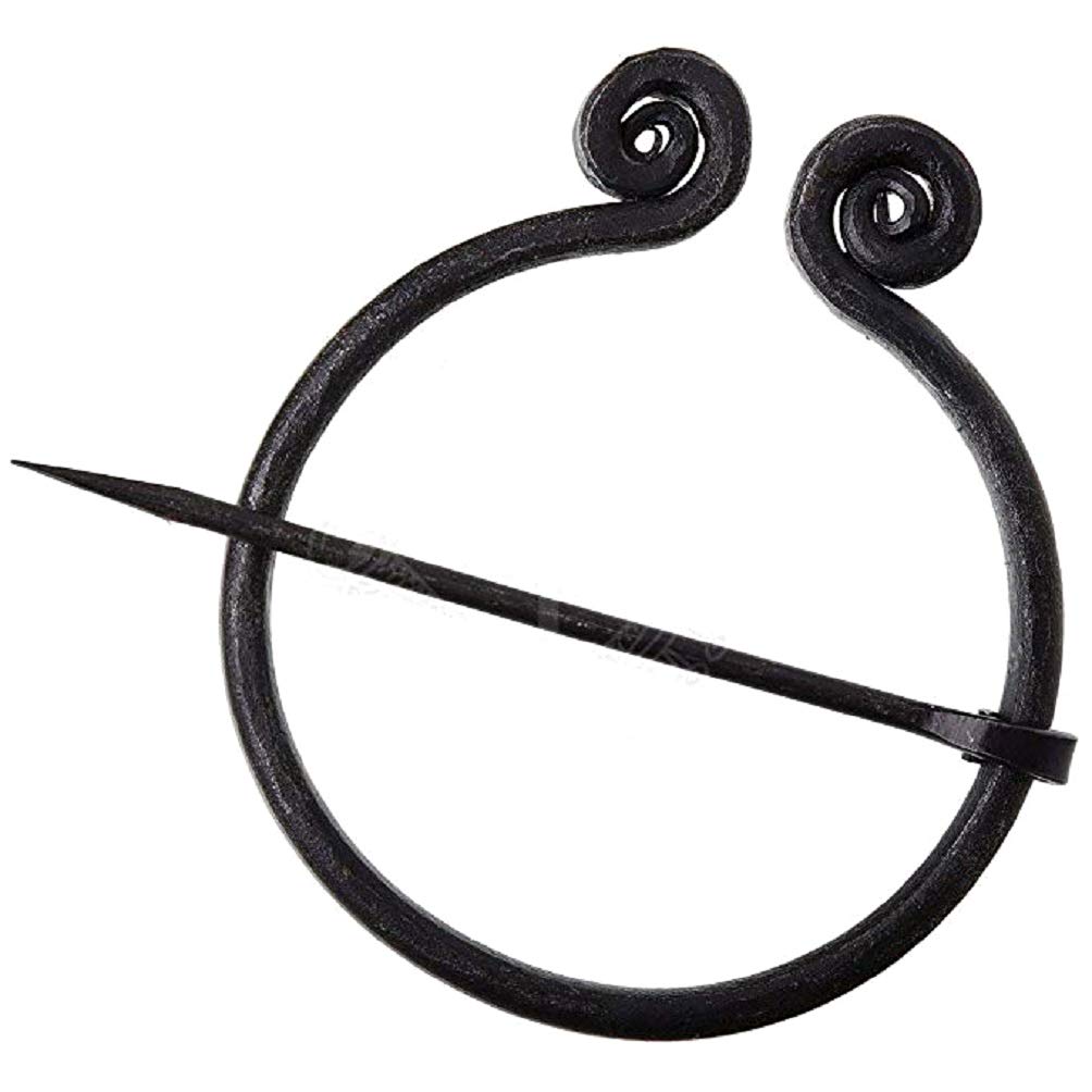 Vintage Iron Fibula Brooch - Medieval Cloak Pin with Spiral Design for Historical Reenactment, LARP Costumes & Viking Attire - Black Antique Jewelry