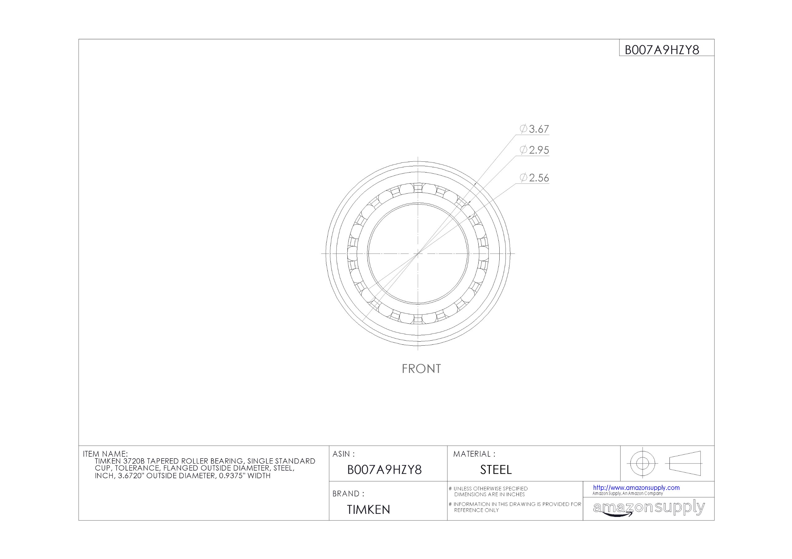 Timken 3720B Flanged Tapered Roller Bearing - Single Cup, Standard Tolerance, Steel Construction, 3.6720