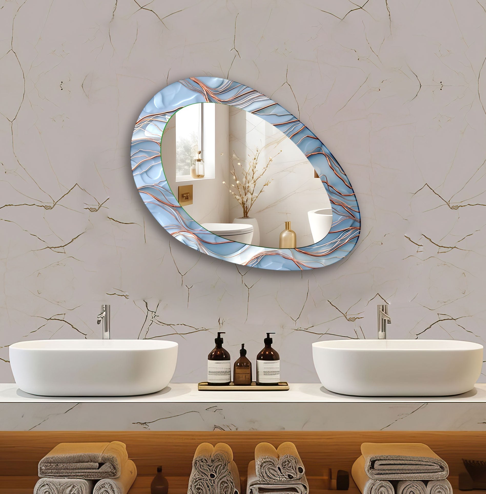 Blue and Copper Oval Modern Wall Mirror - Elegant Home Decor for Living Room, Bedroom & Entryway - Perfect for Adding Style and Depth to Any Space
