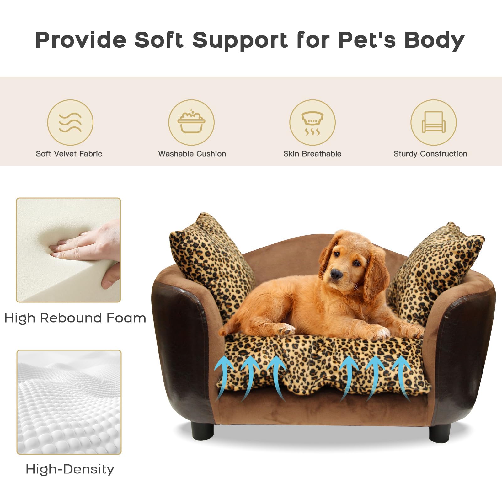 **Cozy Small Dog Sofa Bed - Supportive Foam Pet Couch with Washable Cover & Anti-Skid Bottom - Modern Low-Back Design for Dogs & Cats - Leopard Print Puppy Bed for Living Room & Bedroom**