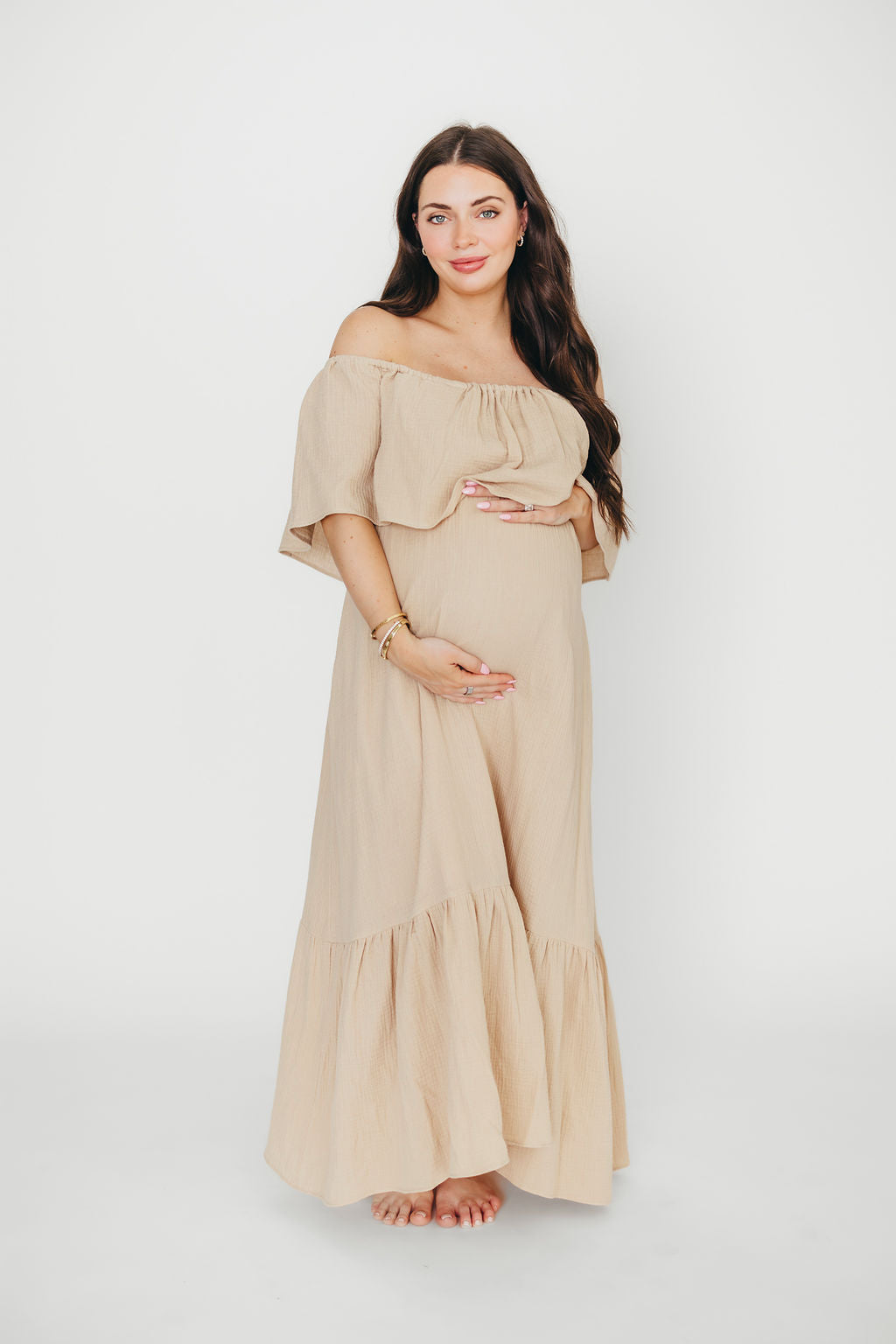 Josie 100% Cotton Maxi Dress in Beige - Bump & Nursing Friendly Maternity Dress for Pregnancy & Breastfeeding | Perfect for Casual Outings, Beach Vacations & Mother's Day Gifts