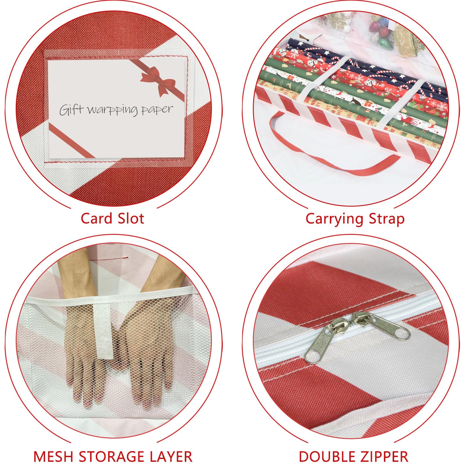 Safana Wrapping Paper Organizer Storage Bag with 3 Isolation Nets - Perfect for Storing Wrapping Paper Rolls, Ribbons, Bows & Gift Accessories (Red Stripe) - Ideal for Holiday Wrapping, Craft Room Organization & Gift Storage