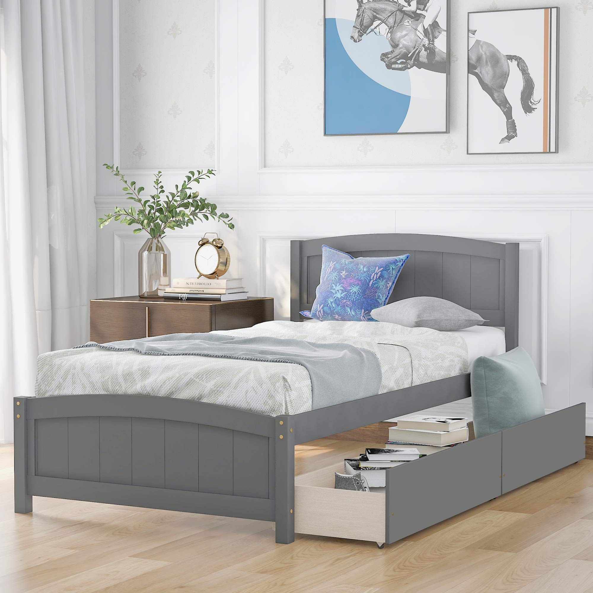 **Wooden Twin Size Platform Bed Frame with 2 Storage Drawers for Kids, Teens & Adults – No Box Spring Needed, Grey – Perfect for Small Bedrooms, Guest Rooms & Kids' Rooms**