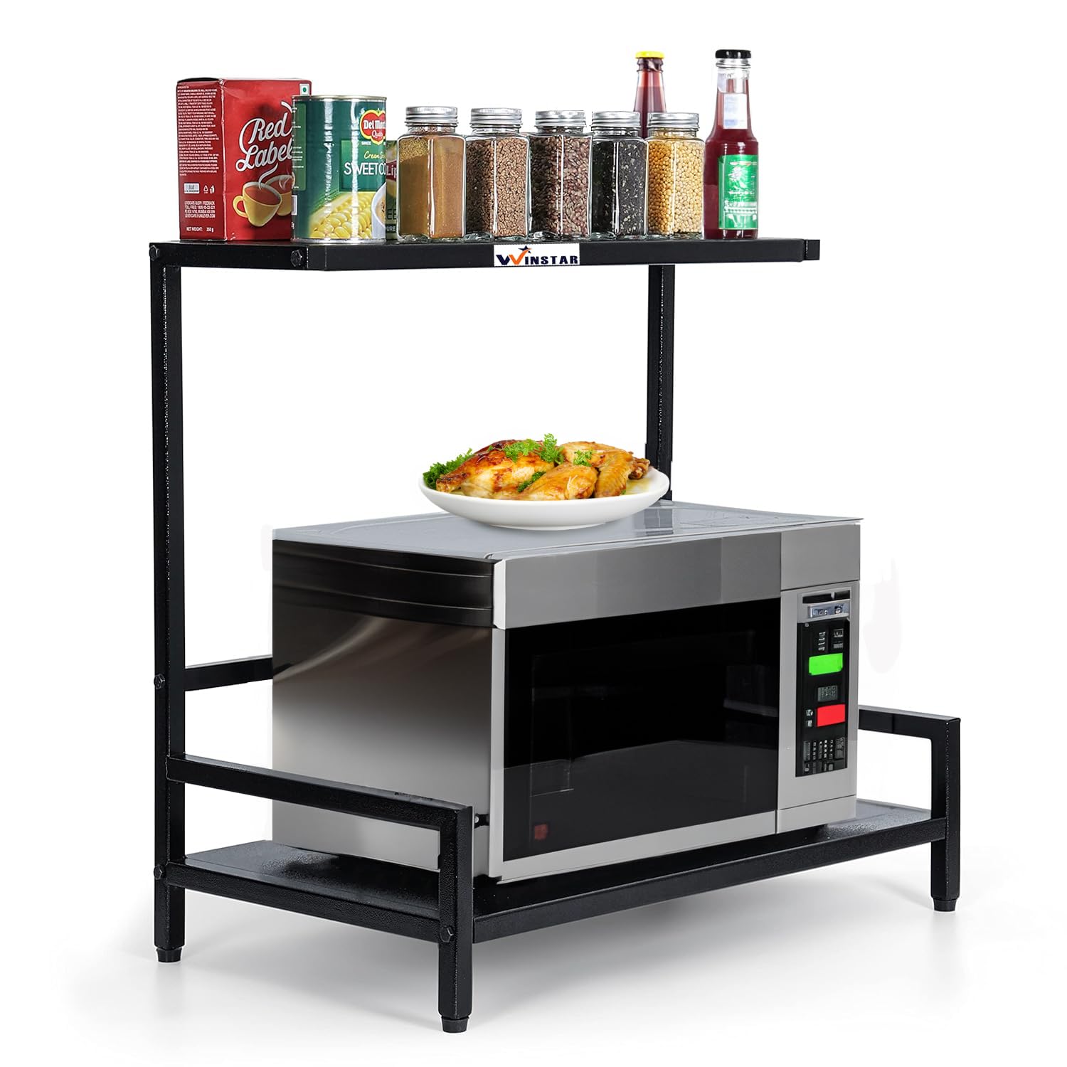 WINSTAR 2-Tier L-Shaped Metal Microwave Stand - Sturdy Kitchen Counter Organizer for Microwave & OTG Oven - Space Saving Double Shelf Storage Rack - Perfect for Small Kitchens & Apartments (No Wheels)