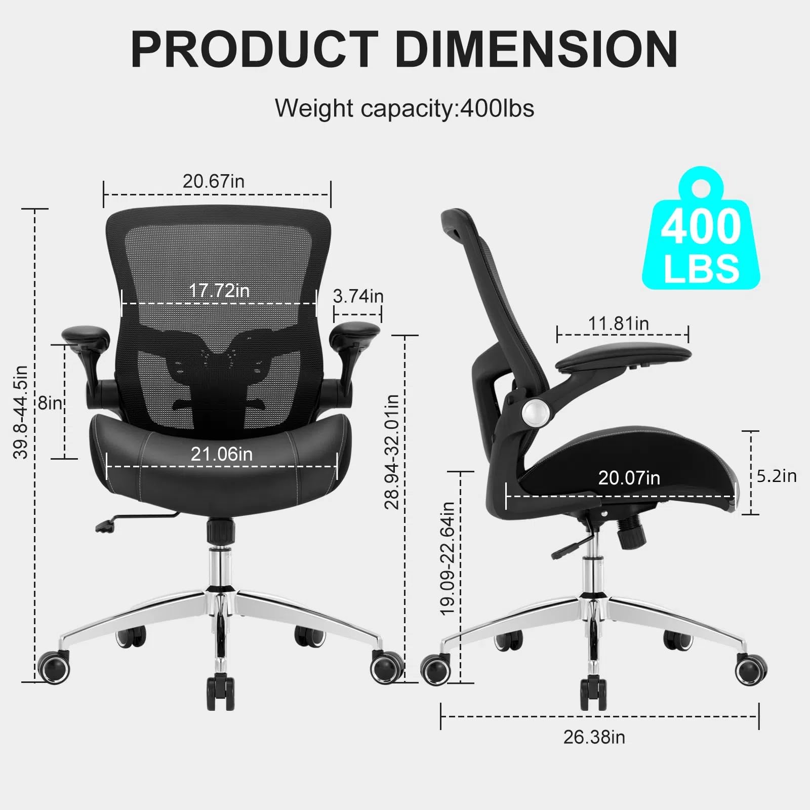 Big and Tall Office Chair for Heavy People - 400lbs Weight Capacity, Ergonomic Desk Chair with Wide 3D Foam Seat & Mesh Back, Lumbar Support Executive Task Chair - Perfect for Home Office, Gaming, and Long Work Sessions - Black