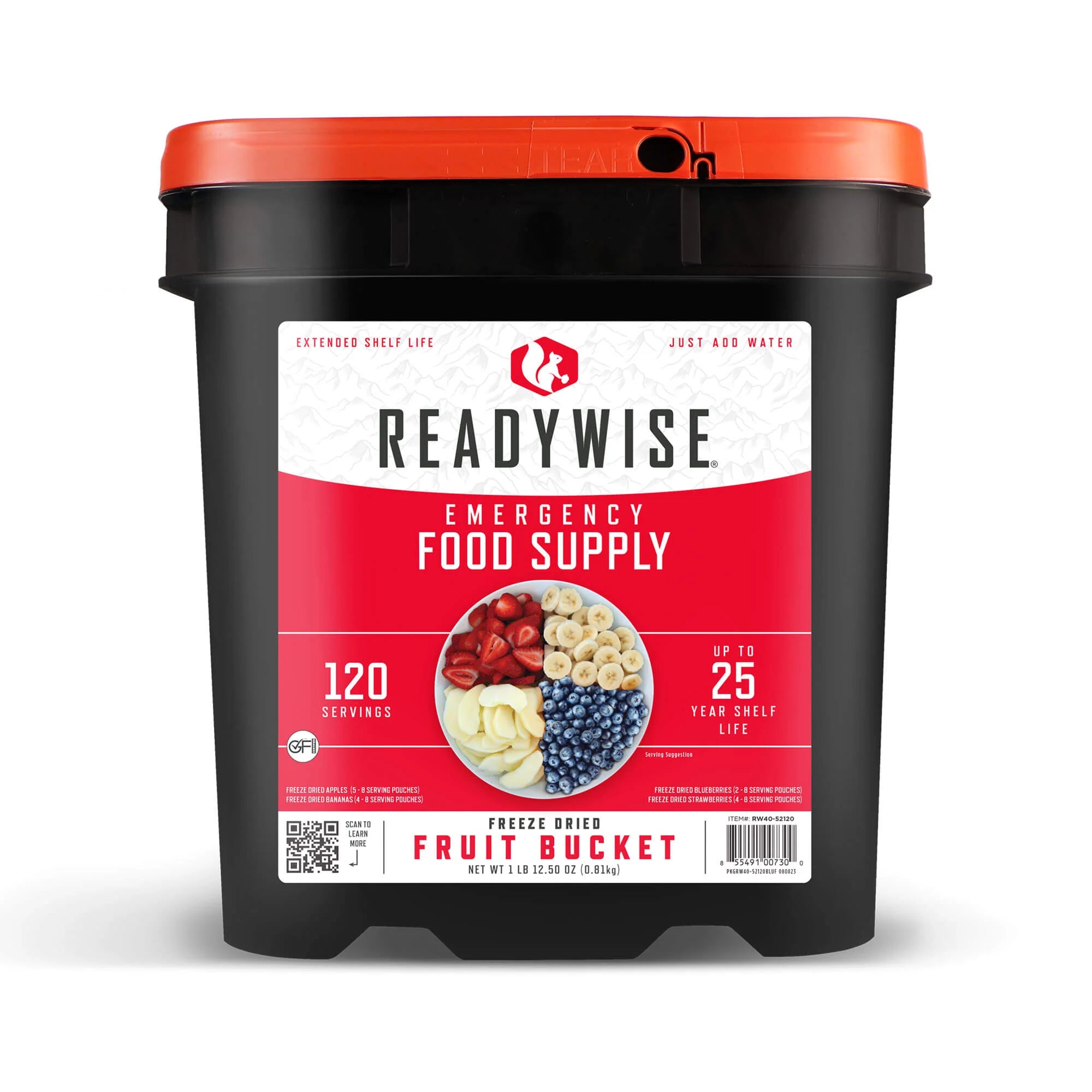 ReadyWise 120 Serving Emergency Food Supply - Freeze Dried Fruit Bucket (12 Pack) | Long Shelf Life Survival Food for Camping, Hiking & Emergency Preparedness