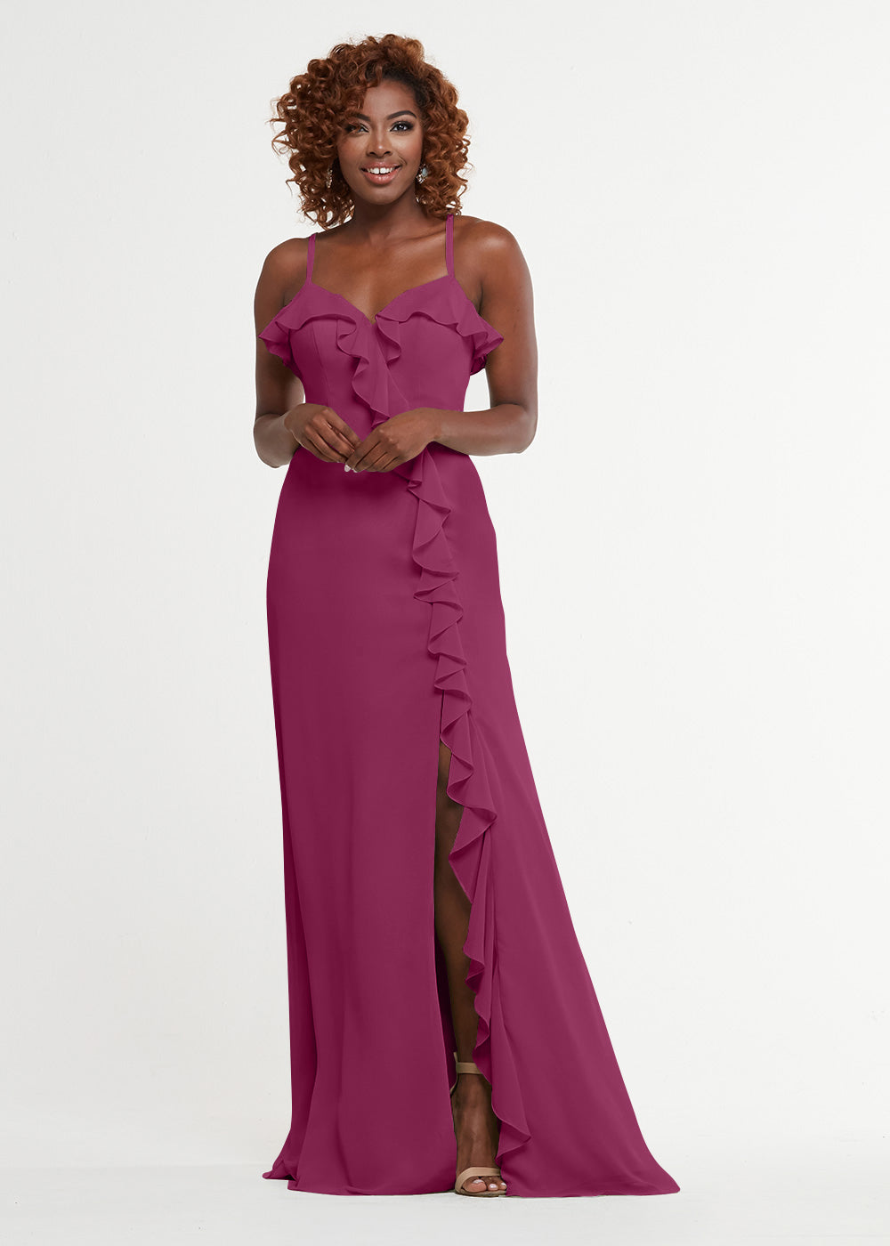 Elegant 80174 Chiffon A-Line Bridesmaid Dress with Ruffles & High Slit - Perfect for Weddings, Formal Events & Prom - Plus Size Options Available