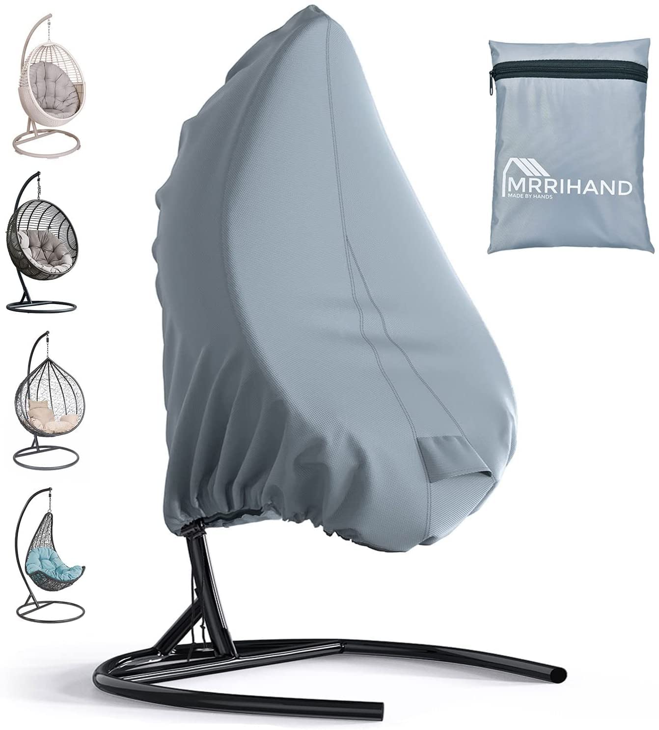**Mrrihand Waterproof Outdoor Swing Chair Cover - Windproof Egg Chair Cover with Zipper & Drawstring (74.8”H X 45.3”W, Grey) - Protects Patio Furniture from Rain, Sun & Dust**    *(Perfect for Garden, Backyard, Balcony & Porch - Fits Most Swing Egg Chairs)*