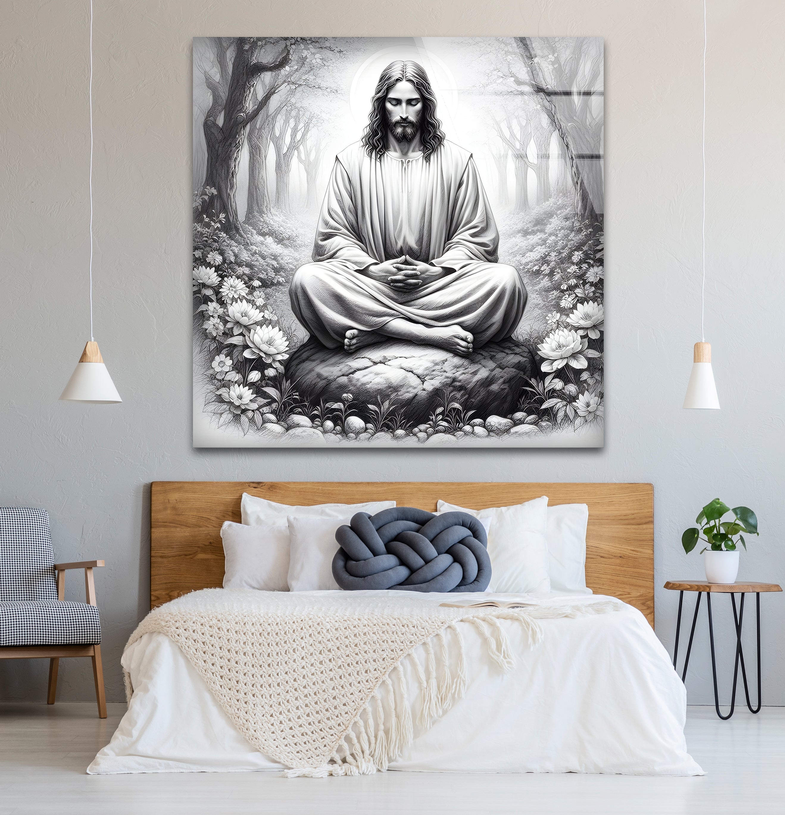 Black and White Jesus Glass Wall Art - Religious Home Decor for Living Room, Bedroom & Church