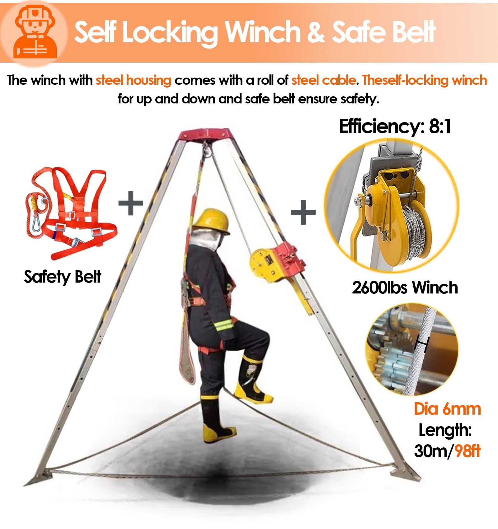 HPTHLY 2.14m Aluminum Confined Space Tripod | Heavy Duty Rescue Tripod with Fall Protection | OSHA Compliant for Industrial Work, High Altitude Operations & Firefighting Safety | Perfect for Construction Sites, Emergency Rescue & Confined Space Entry