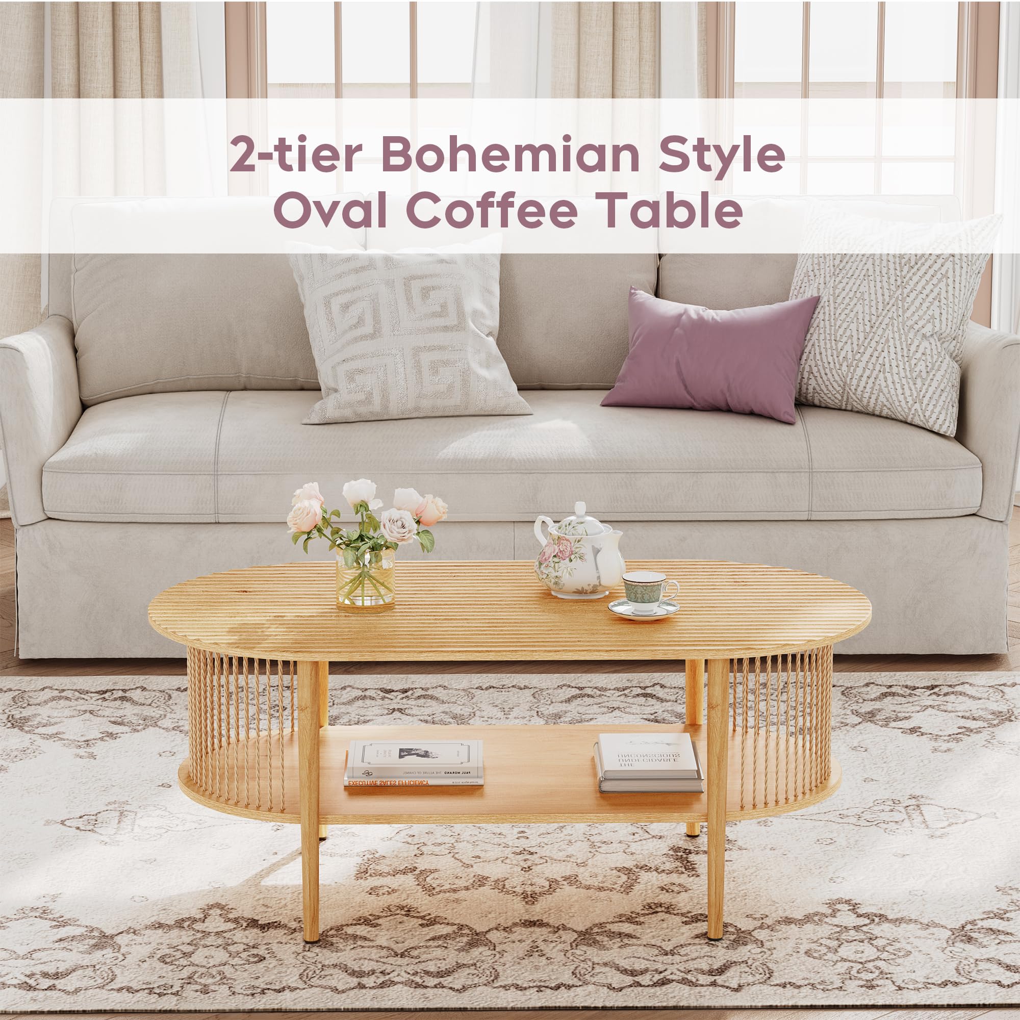 Brafab 2-Piece Boho Natural Fiber Rope Coffee Table Set - Modern Oval Nesting Side Tables with Fluted Tabletop & 2-Tier Storage, Wheeled End Tables for Living Room, Bedroom & Patio Decor