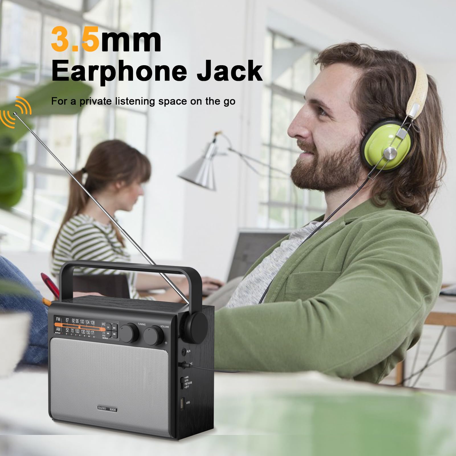 Portable AM FM Radio with Bluetooth - Best Reception, Battery or Wall Powered, Headphone Jack, USB, Aux Input, Big Speaker - Perfect for Home, Outdoor, Camping, Travel & Gifts