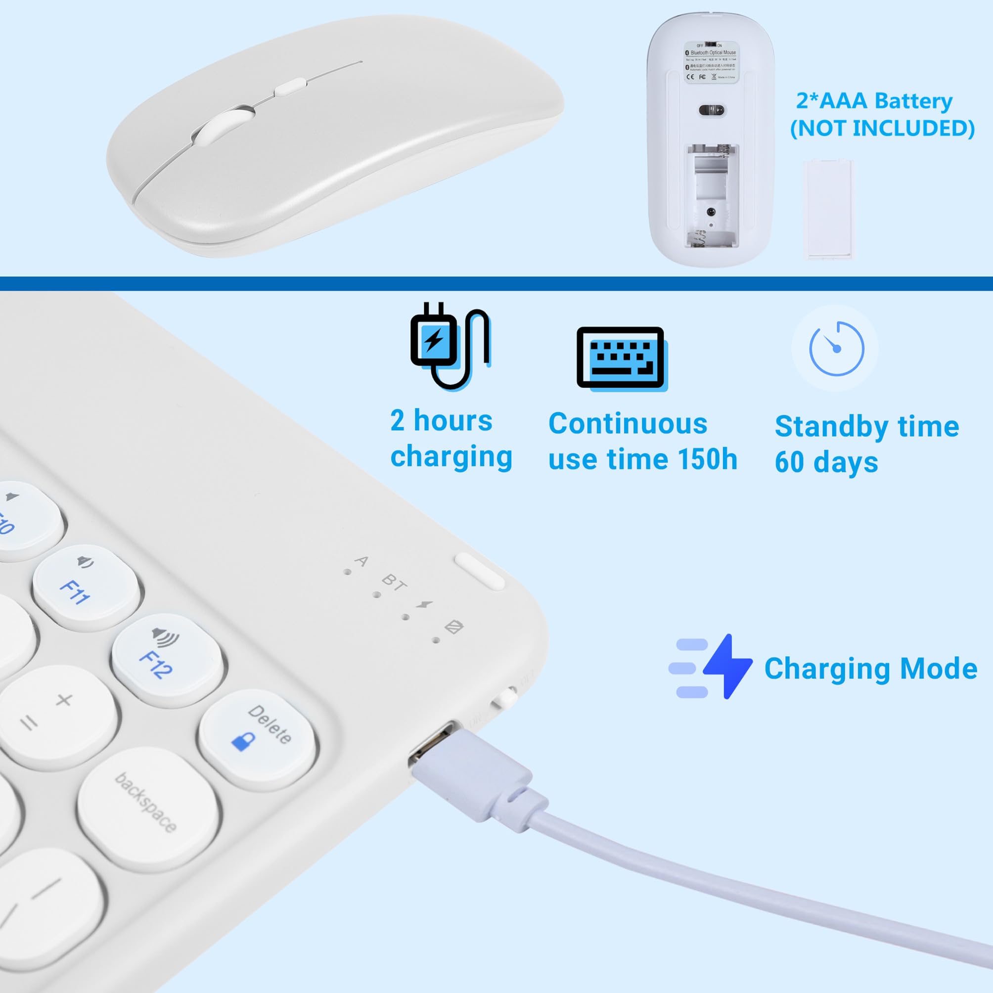 Ultra-Slim Wireless Bluetooth Keyboard and Mouse Combo - Portable Cordless Keyboard for Android, iPhone, iPad, Windows, Surface - Perfect for Office, Home, Travel & Mobile Work (White)