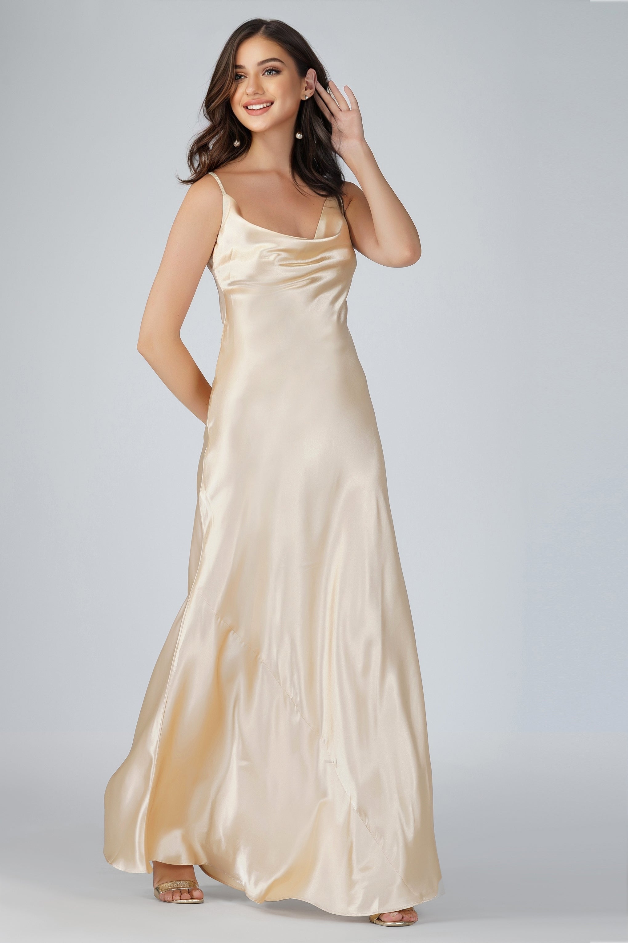 Elegant Sienna Champagne Bridesmaid Dress for Wedding Party - Floor Length Formal Gown with V-Neck & Flowy Skirt - Perfect for Bridal Shower, Evening Events & Special Occasions