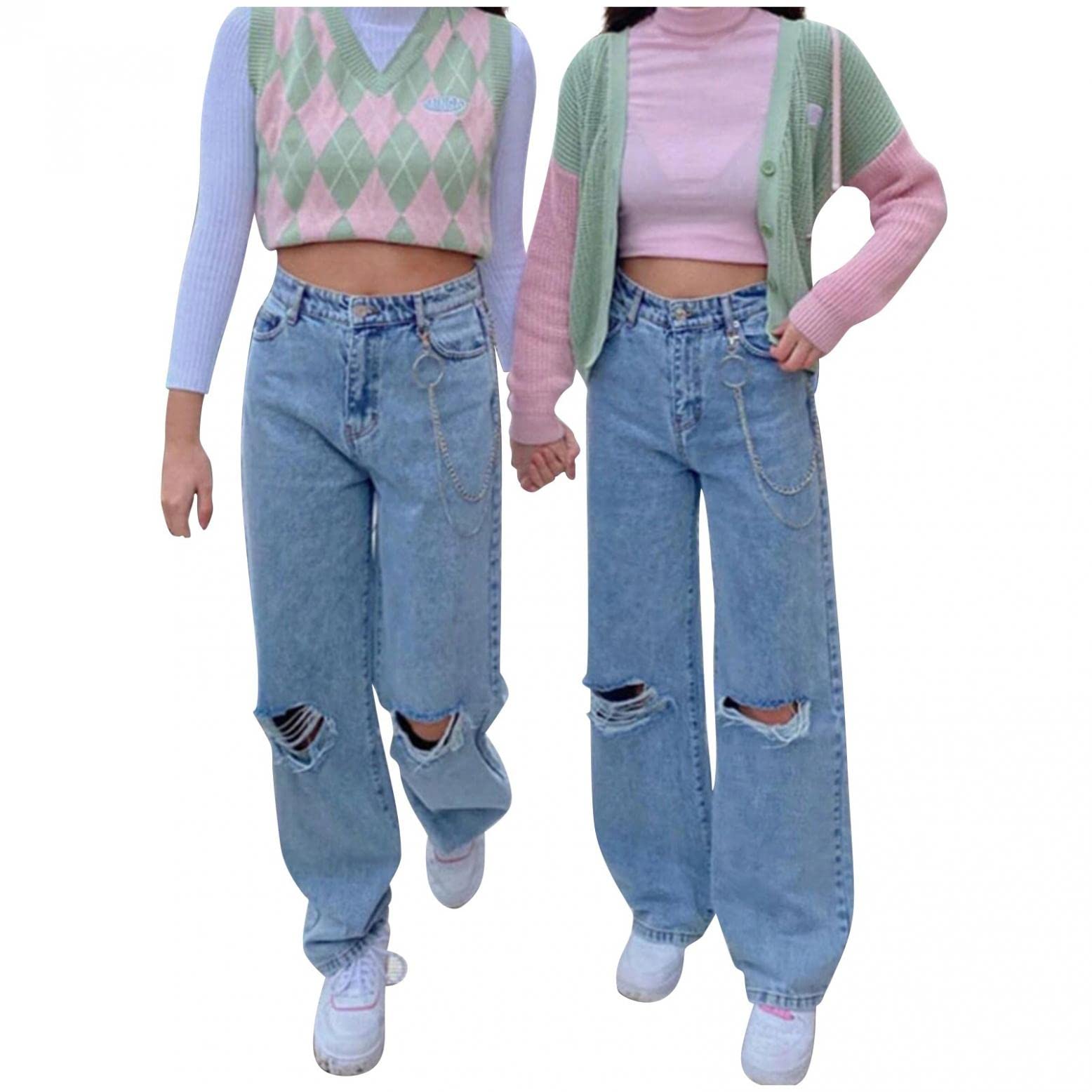 Y2K High Waisted Baggy Jeans for Women - Ripped Wide Leg Denim Pants (Casual Streetwear, Vintage Fashion, Party Outfit)