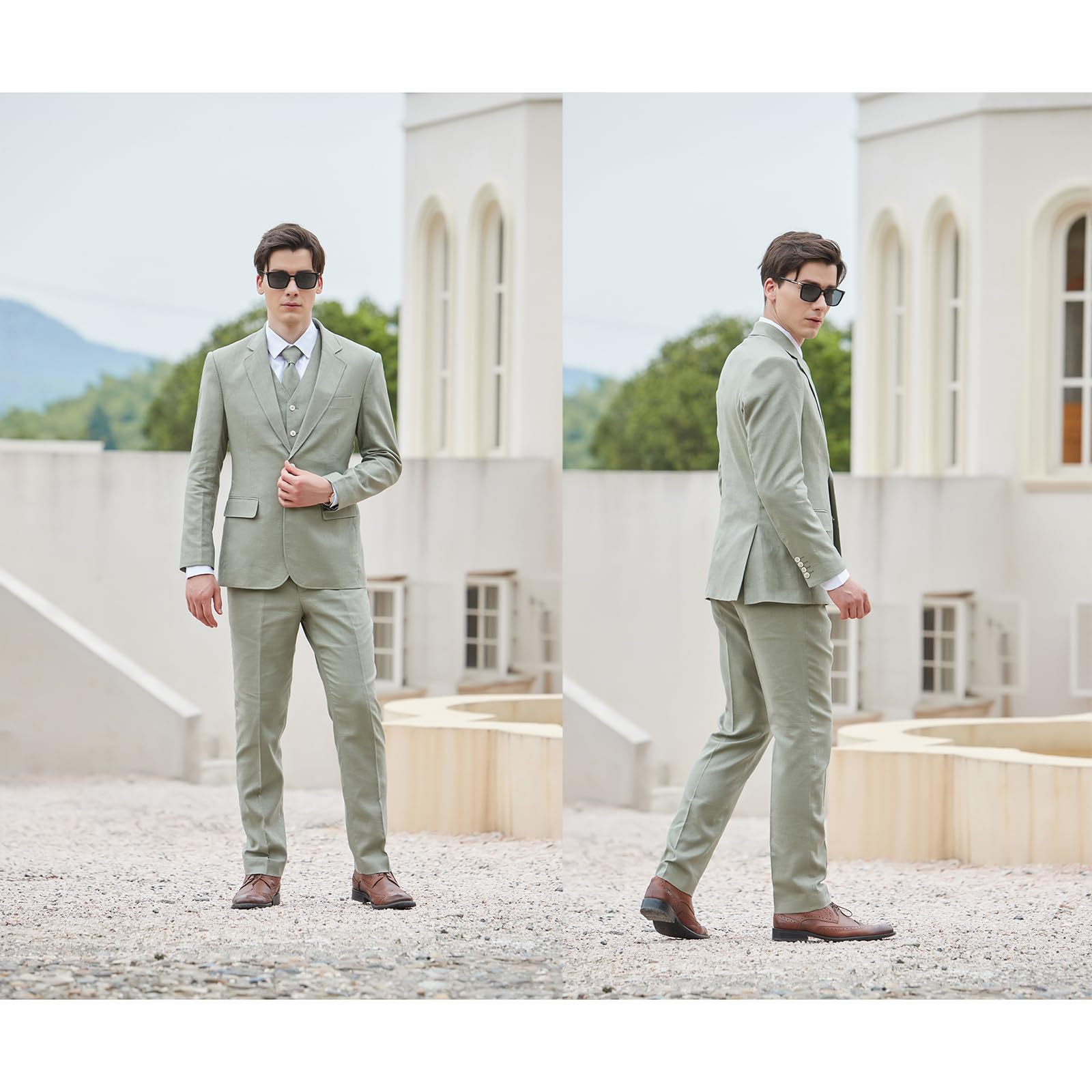 Men's Herringbone Linen Suit - Summer Slim Fit Lightweight 3 Piece Wedding Tuxedo Set | Perfect for Beach Weddings, Outdoor Ceremonies & Formal Summer Events