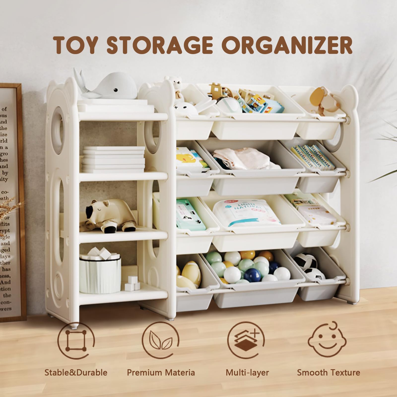 Kids Toy Storage Organizer with 12 Bins - Foldable Toy Organizer for Playroom, Nursery & Living Room - Perfect for Storing Toys, Books & Art Supplies