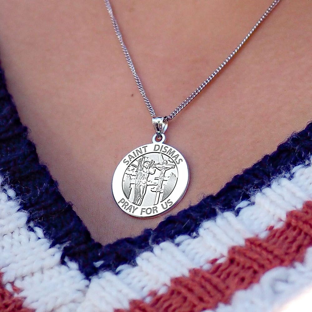 Saint Dismas Religious Medal Pendant - Sterling Silver, 10K & 14K Gold Options - Round Christian Jewelry for Protection - Perfect Gift for Men & Women - Ideal for Baptisms, Confirmations & Daily Faith Inspiration