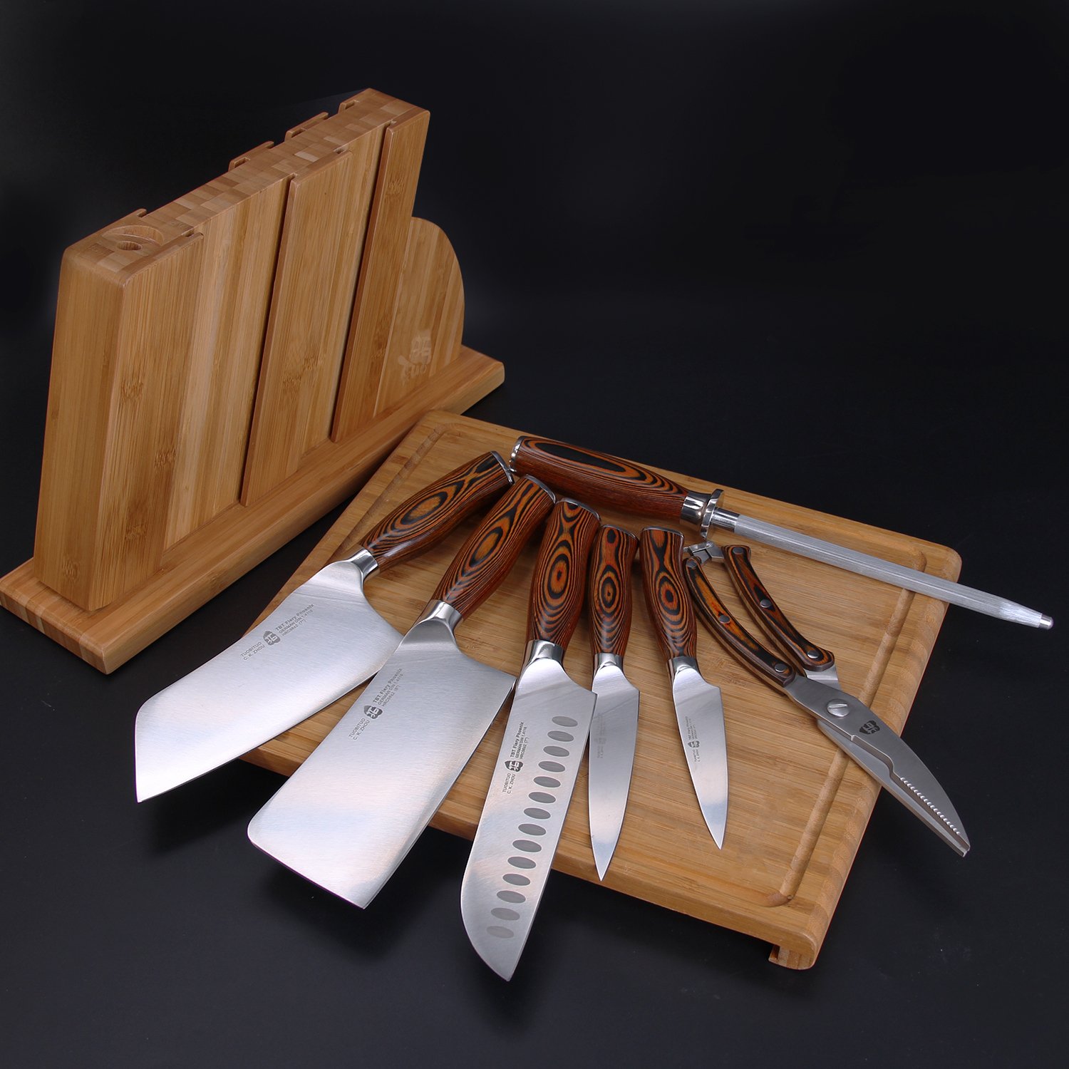 Premium 8-Piece Kitchen Knife Set - German X50CrMoV15 Forged Steel - Rust Resistant Full Tang Knives with Ergonomic Pakkawood Handles - Includes Wooden Storage Block - Fiery Phoenix Series - Perfect for Home Chefs, Cooking Enthusiasts & Professional Kitchens