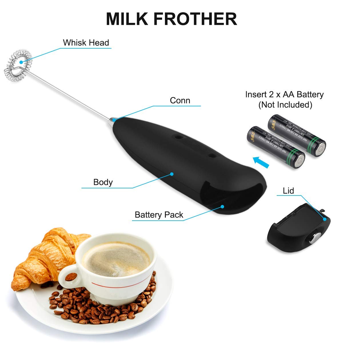 Electric Milk Frother Handheld - Battery Operated Mini Whisk for Coffee, Latte, Cappuccino & Hot Chocolate - Perfect for Home, Office & Cafe Use