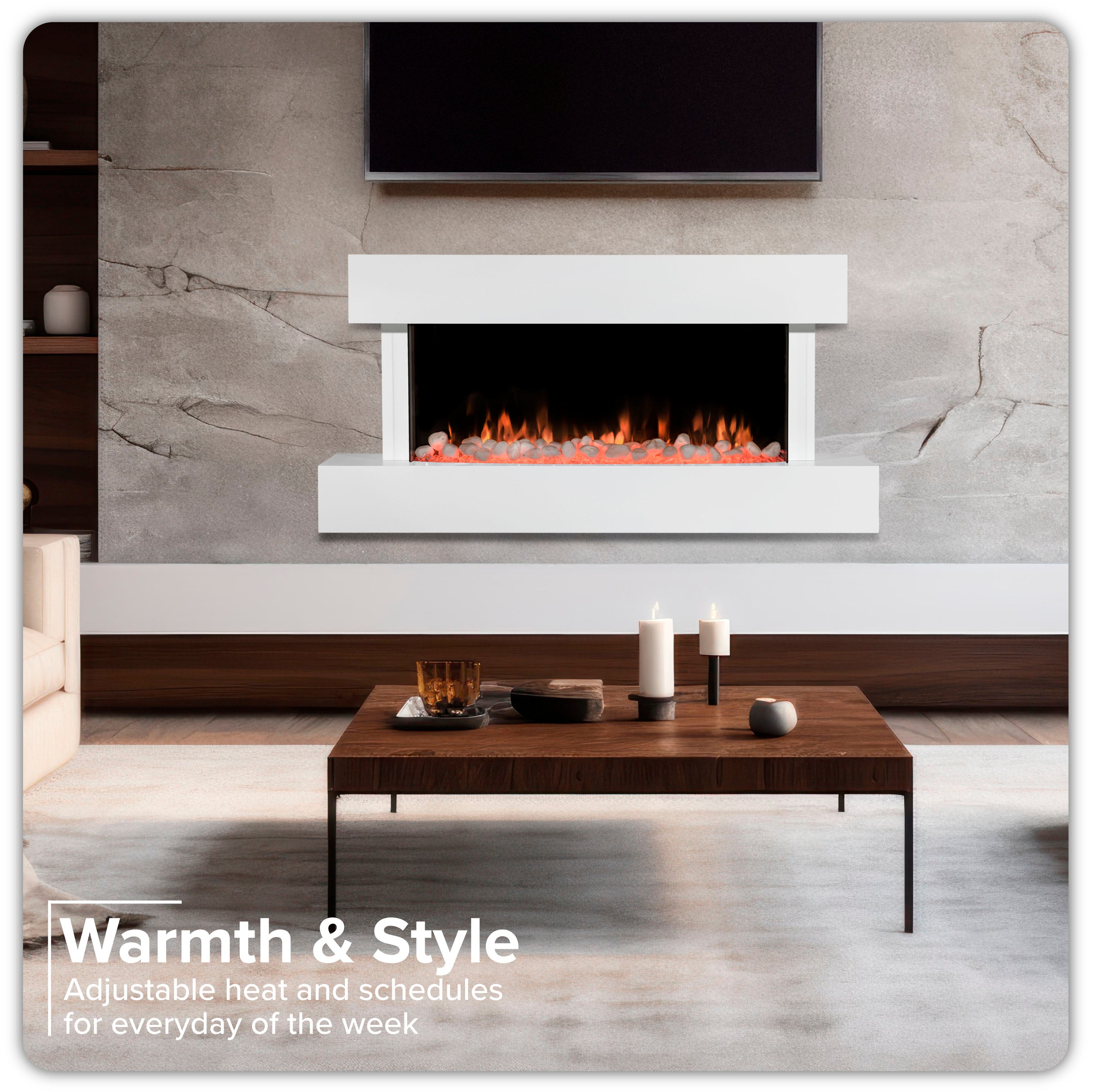 Baridi 46 Inch Electric Fireplace Wall Mounted with Realistic LED Flame Effects - White DH113 - Perfect for Living Room, Bedroom & Office Heating & Ambiance